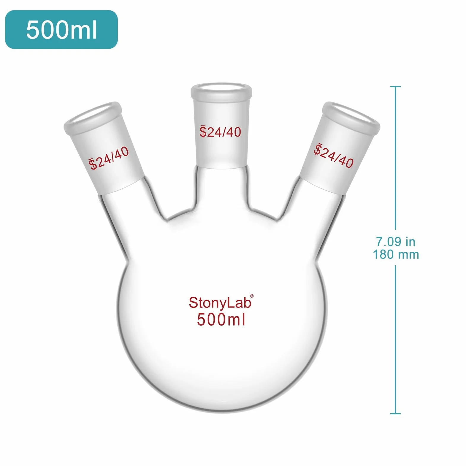Borosilicato Vidrio Balón de Destilación Tres-Cuellos 500ml 24/40 Cónicos Estándar