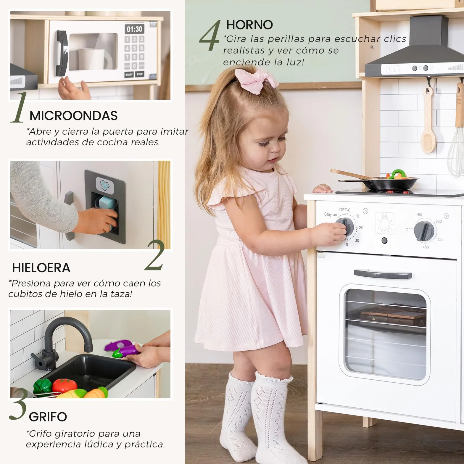 Tiny Land Cocina Juguete para niños con 18 Accesorios de Comida y Utensilios de Cocina de Juguete Juego de Chef de Madera con Luces y Sonidos