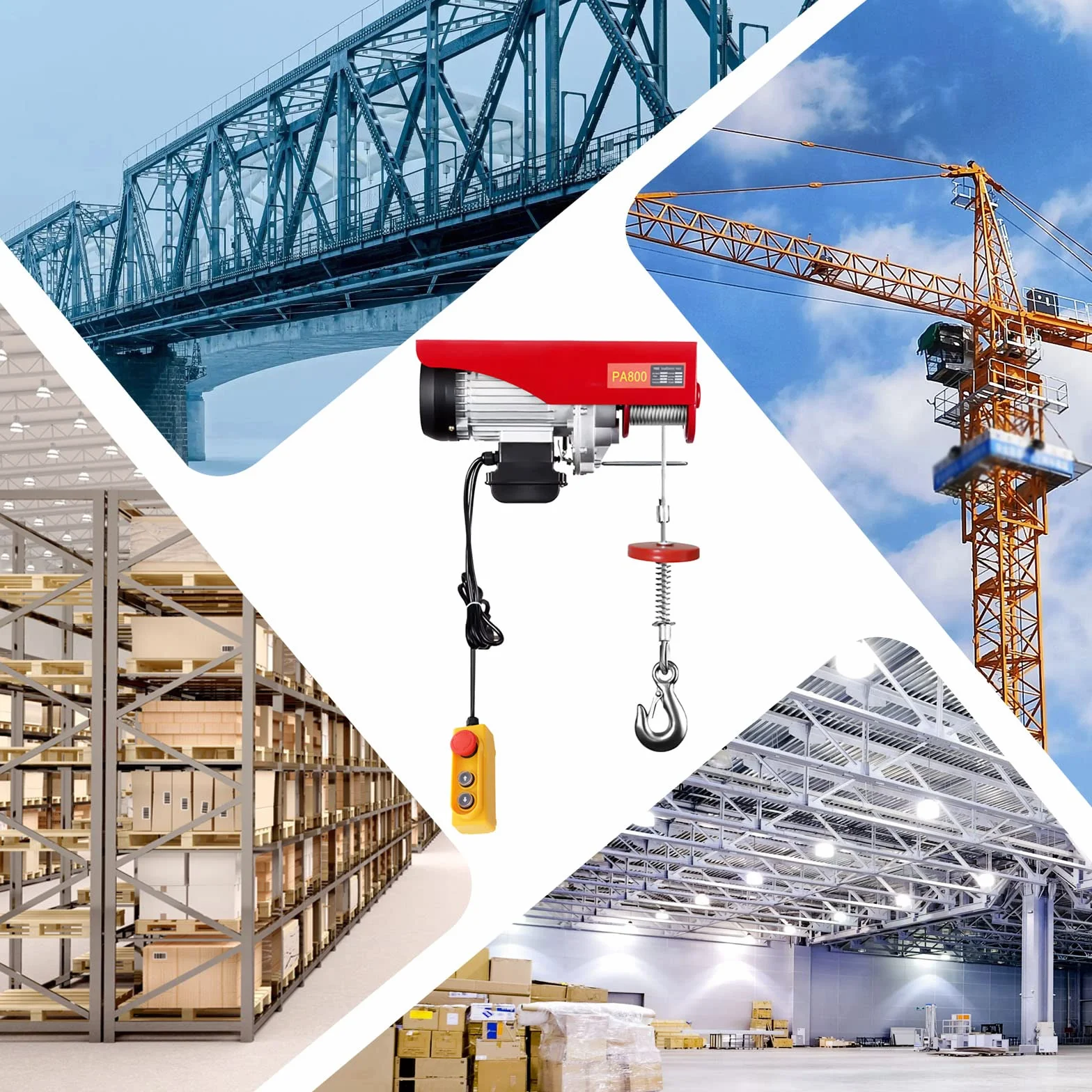 Polipasto eléctrico 800kg, andamio de cabrestante aéreo, Grúa e-Hoist 220V, con dos eslingas Control remoto inalámbrico 80m 12m cuerda de alambre, para Garaje almacén Planta de elevación Planta