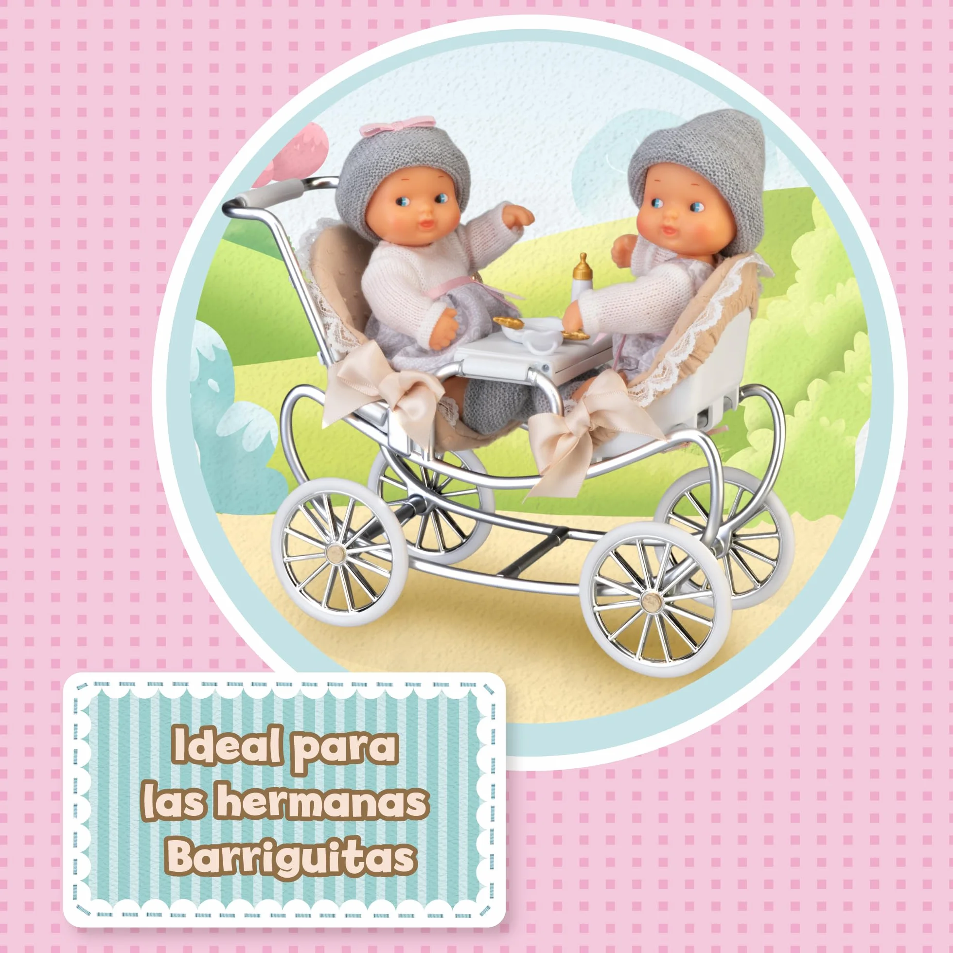 Famosa Barriguitas Carrito de Gemelos Set de Juguete con Carro de Paseo para Muñecas Bebés 4 Accesorios