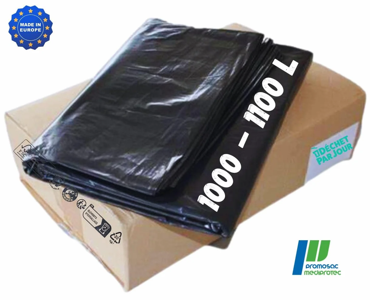 SANYGIENE | Bolsa de basura 1000-1100 L | Funda protectora contenedor 1000 L | Cartón 50 bolsas | Negro opaco | Gama profesional | Grosor 30µ | Anti fugas