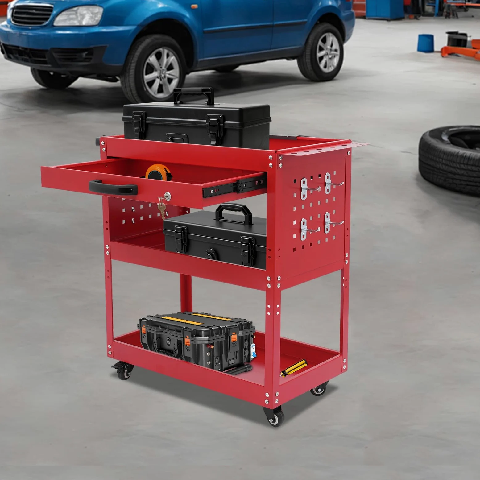 Carro de herramientas con 3 niveles, con cajón y ruedas con cerradura, capacidad de carga de 250 kg para almacén, garaje o taller (rojo)
