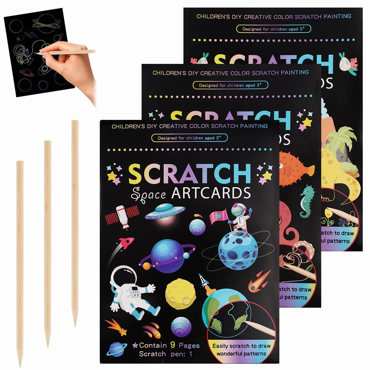 Arte para Rascar para Niños, Paquete de 3 Libros Scratch Art con Lápices de Madera, Dinosaurios, Mundo Submarino, Astronautas