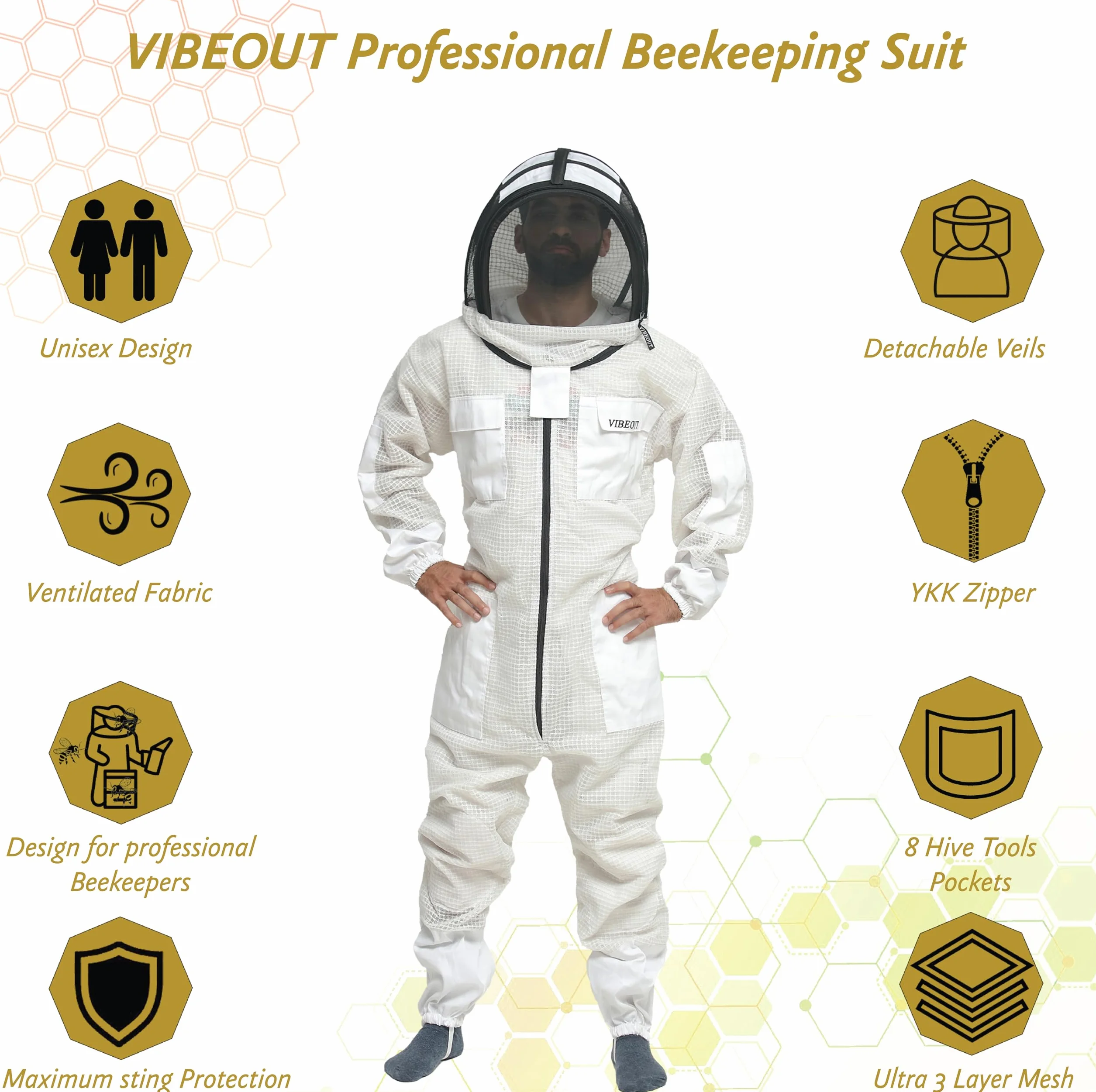 Traje de abeja Ultra ventilado 3 capas Premium Mesh Mono de apicultor Hombre Mujer Velo de esgrima Mono de apicultor anti picadura Profesional Traje de avispa Equipo de protección (Blanco, Large)