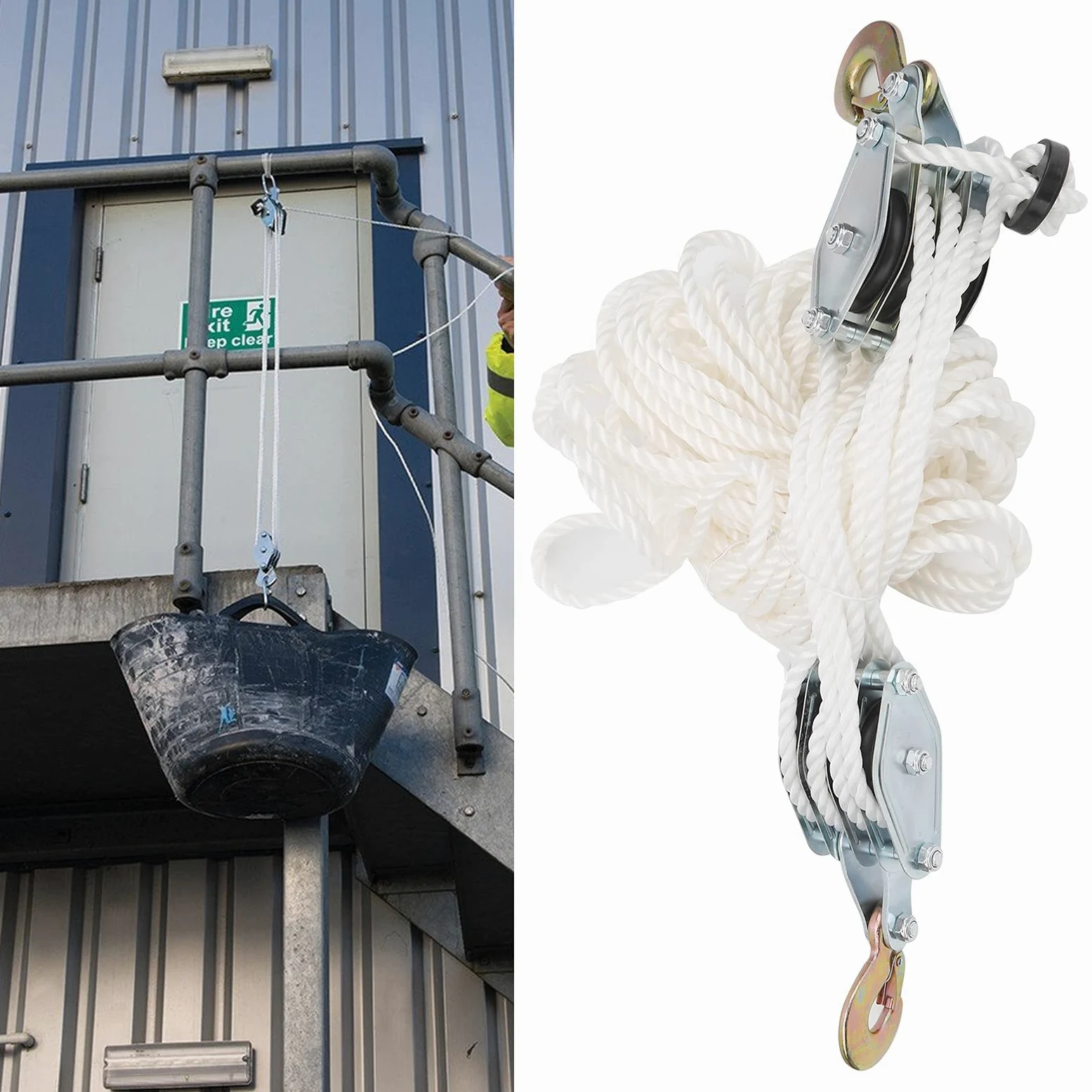 Polea resistente de 4000 libras con gancho de acero y cuerda de nailon multihebra para levantar objetos de manera eficiente. Ideal para garaje de carga y uso industrial