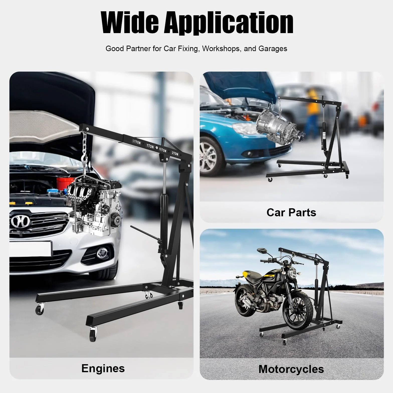 Grúa de motor plegable, 2 toneladas, mango de bomba hidráulica, plataforma elevadora, gato elevador, mango de pie, 6 ruedas resistentes, taller, garaje