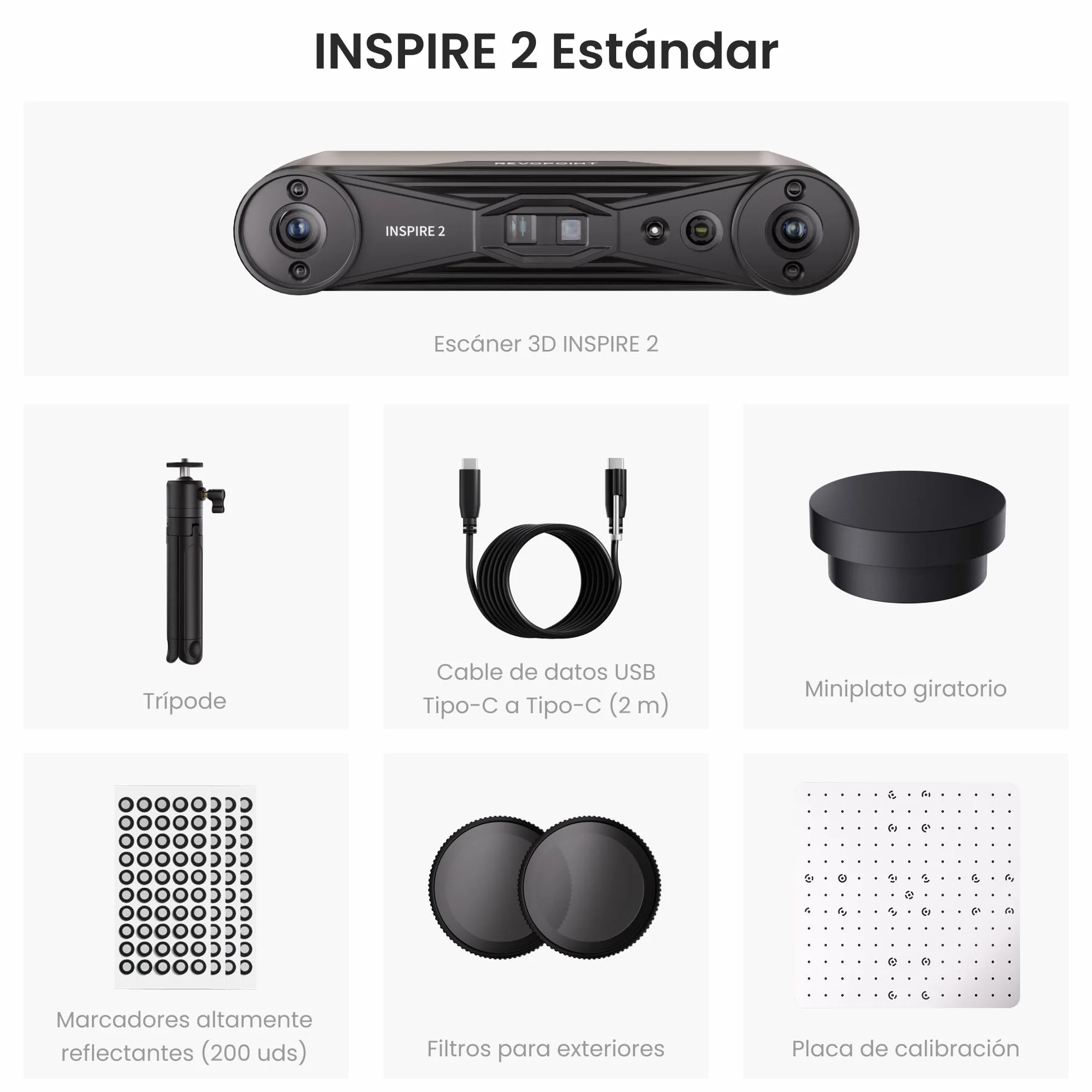 Revopoint INSPIRE 2 Escáner 3D para Impresión 3D, Precisión hasta 0,03 mm, Láser Multilínea y Luz Estructurada, Escaneo Inalámbrico y Exterior, a Todo Color, para iOS/Android/Win10/11, Estándar