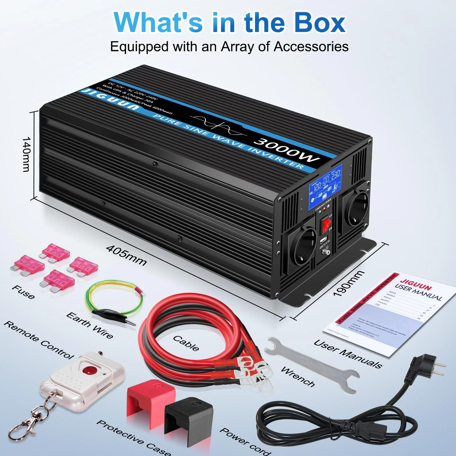 JIGUUN 3000W Inversor 12V 220V Onda Pura Inverter con Cargador 30A y Circuito Prioritario de Red y SAI，2 Tomas EU, Mando a Distancia Inalámbrico y Pantalla LCD Potencia Pico 6000W