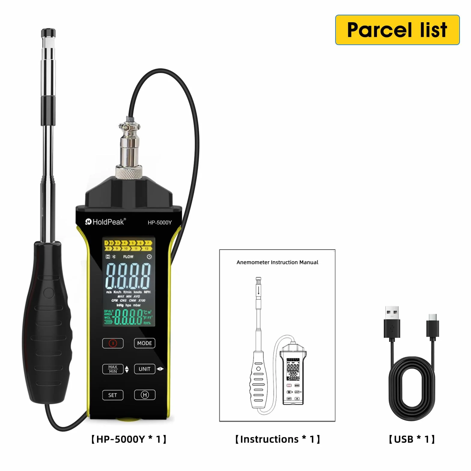 HOLDPEAK Anemómetro digital de alambre caliente CFM CMM medición temperatura sonda telescópica pantalla iluminada USB