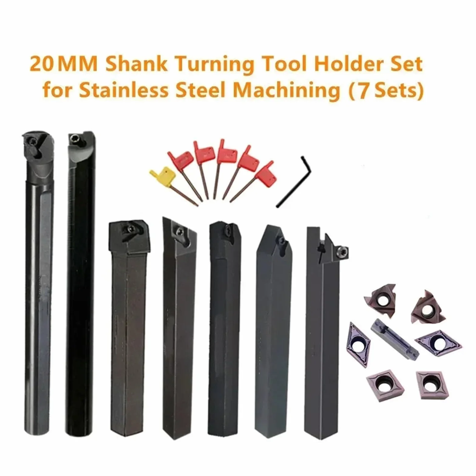 Herramientas de torneado 7 juegos de portaherramientas de torneado de torno CNC de 20 mm, barra de mandrilar con insertos y llaves aplicables, juego for torneado y roscado(20mm for Stainless)