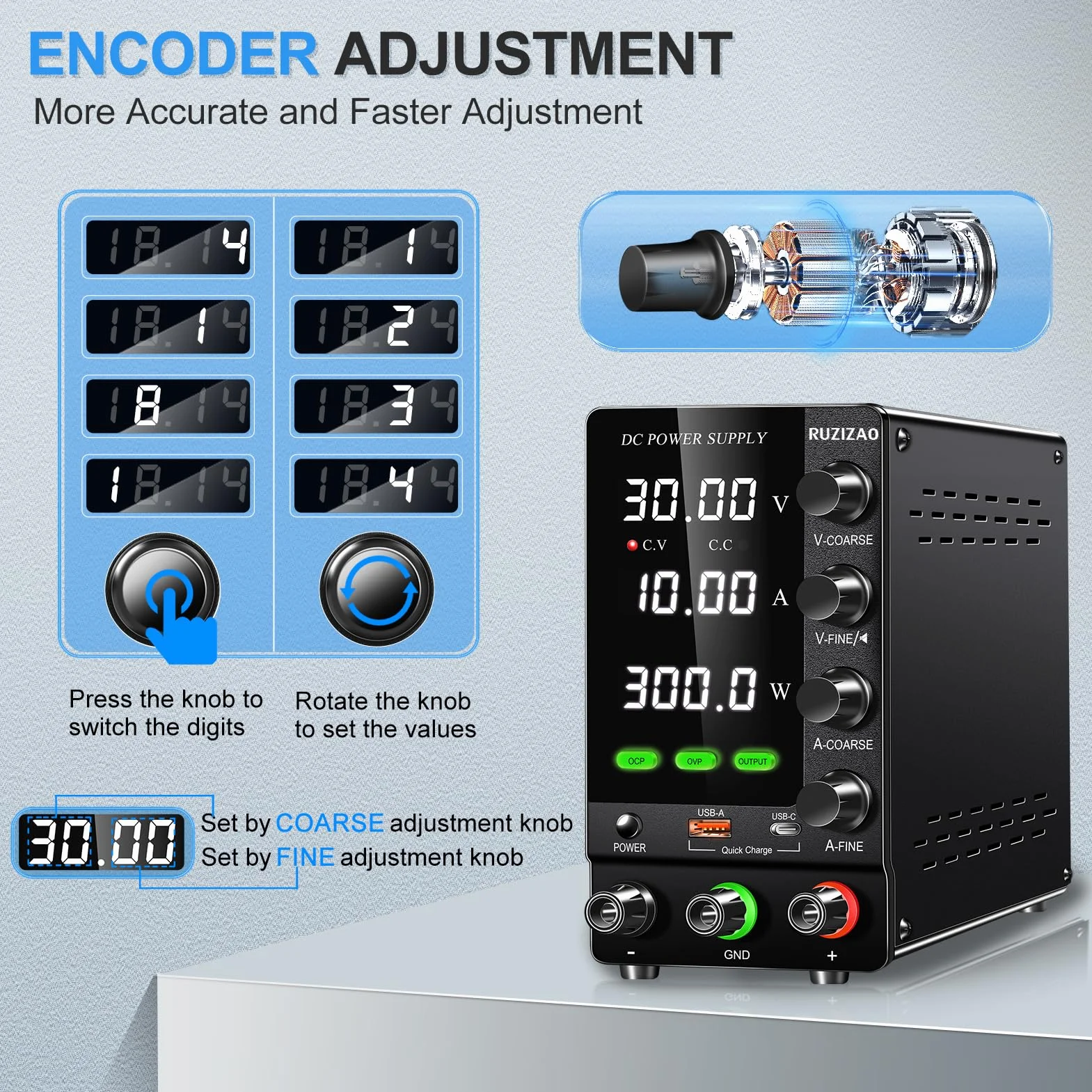 Fuente de Alimentación Regulable 30V 10A Alimentación de Laboratorio con OCP/OVP/Output/Codificadores/18W USB de Carga Rápida, Fuente de Alimentacion de Banco para Pruebas/Carga de Baterías