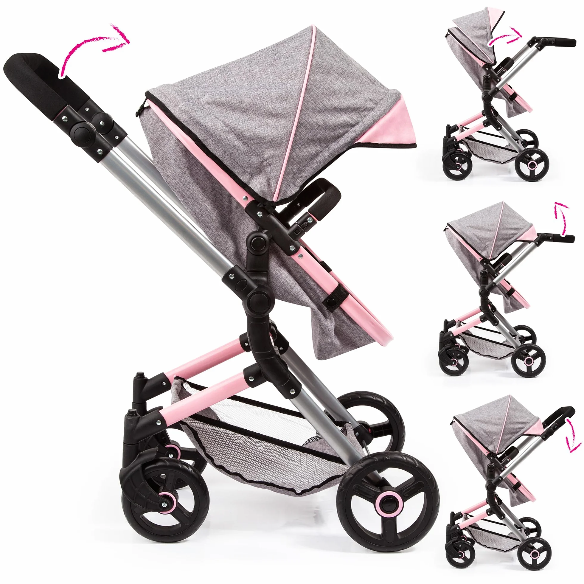 Bayer Design Cochecito de Muñecas Neo Vario Combolso Cambiador Convertible Plegable Vaqueros Grises Rosa Mariposa