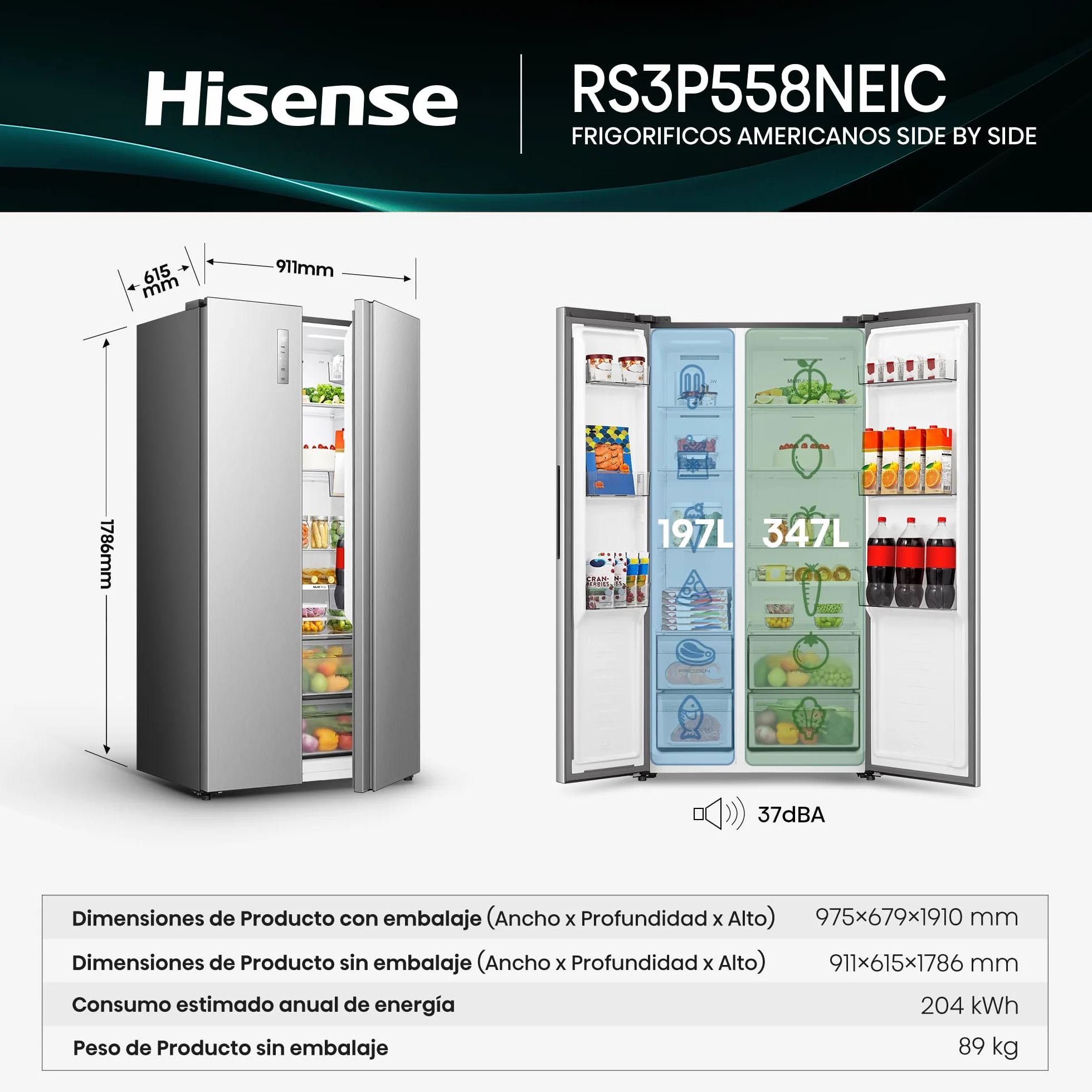 Hisense Frigorífico Americano Total No Frost 544L 179cm Inox