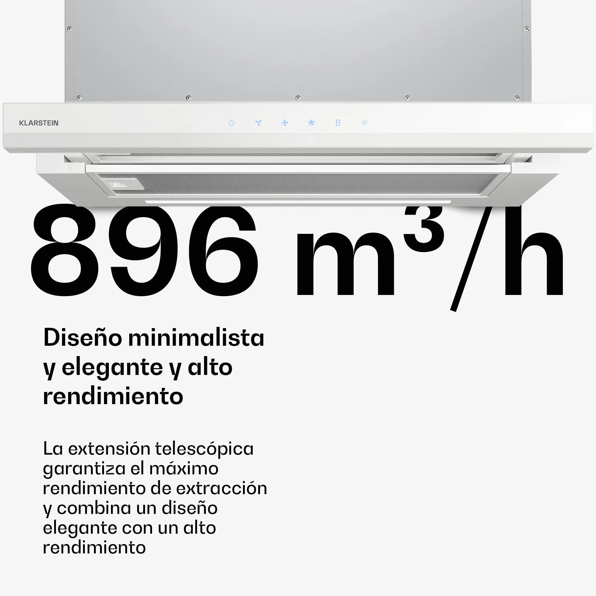 Klarstein Velaire Campana Extractora Integrada 60cm 896 m³/h Clase A++ Motor Silencioso Control Táctil LED Blanco