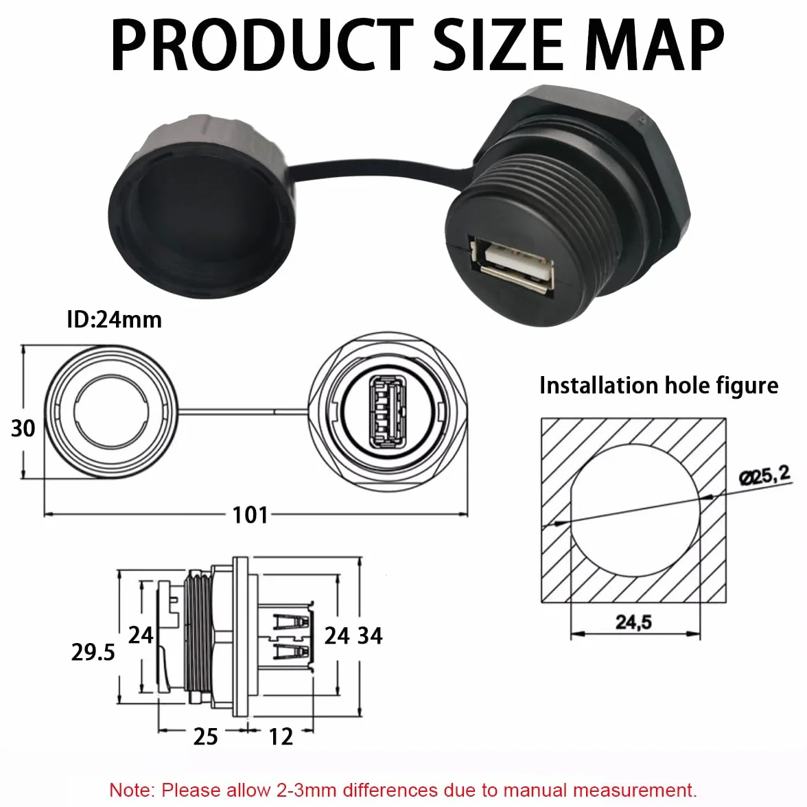CTRICALVER Conector USB impermeable hembra montaje en panel USB 2.0 industrial con tapa