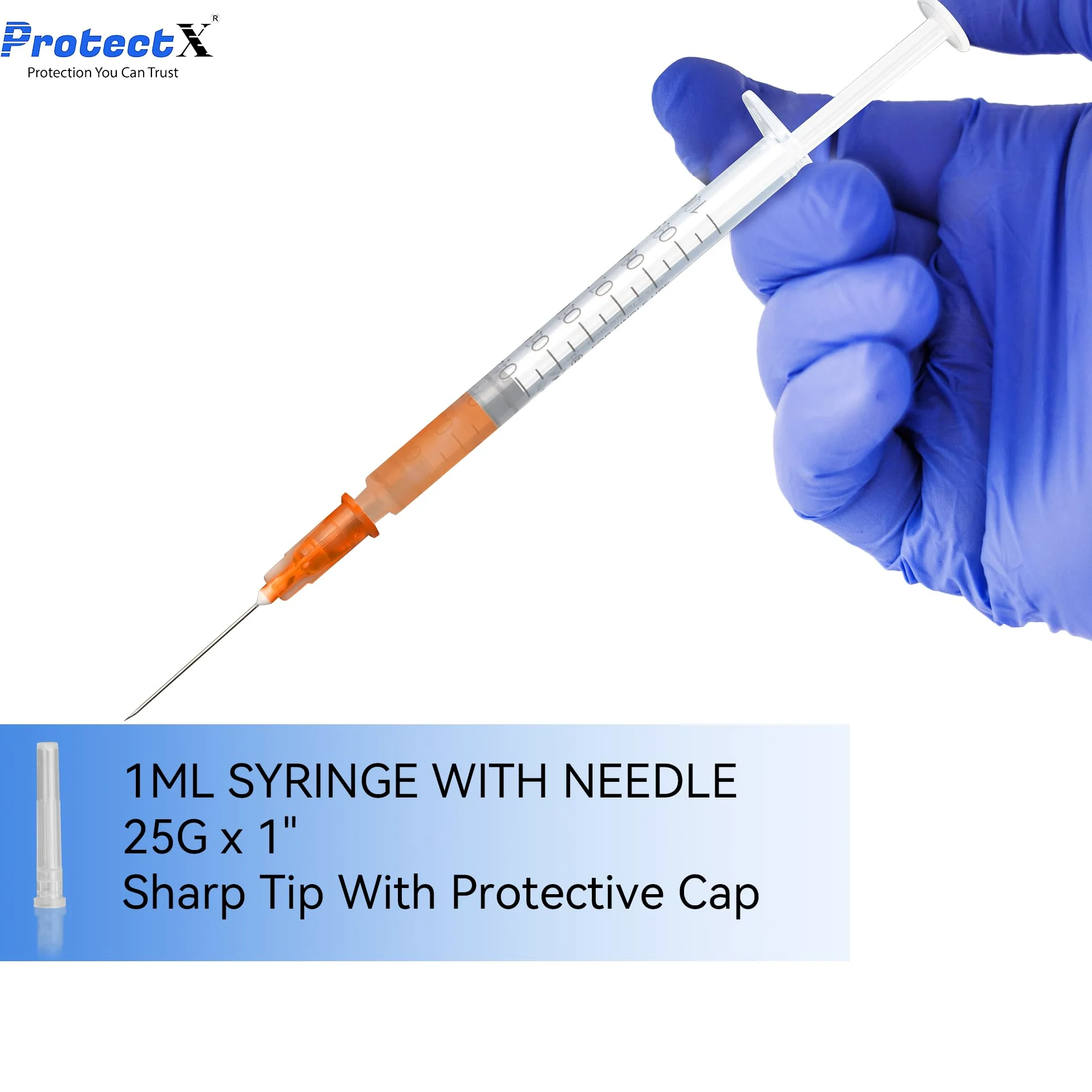 ProtectX Paquete de 50 jeringas desechables de 1 ml/cc con aguja de 25 g, jeringa desechable para laboratorios científicos, dispensación industrial de suministros para animales y mascotas, sellado