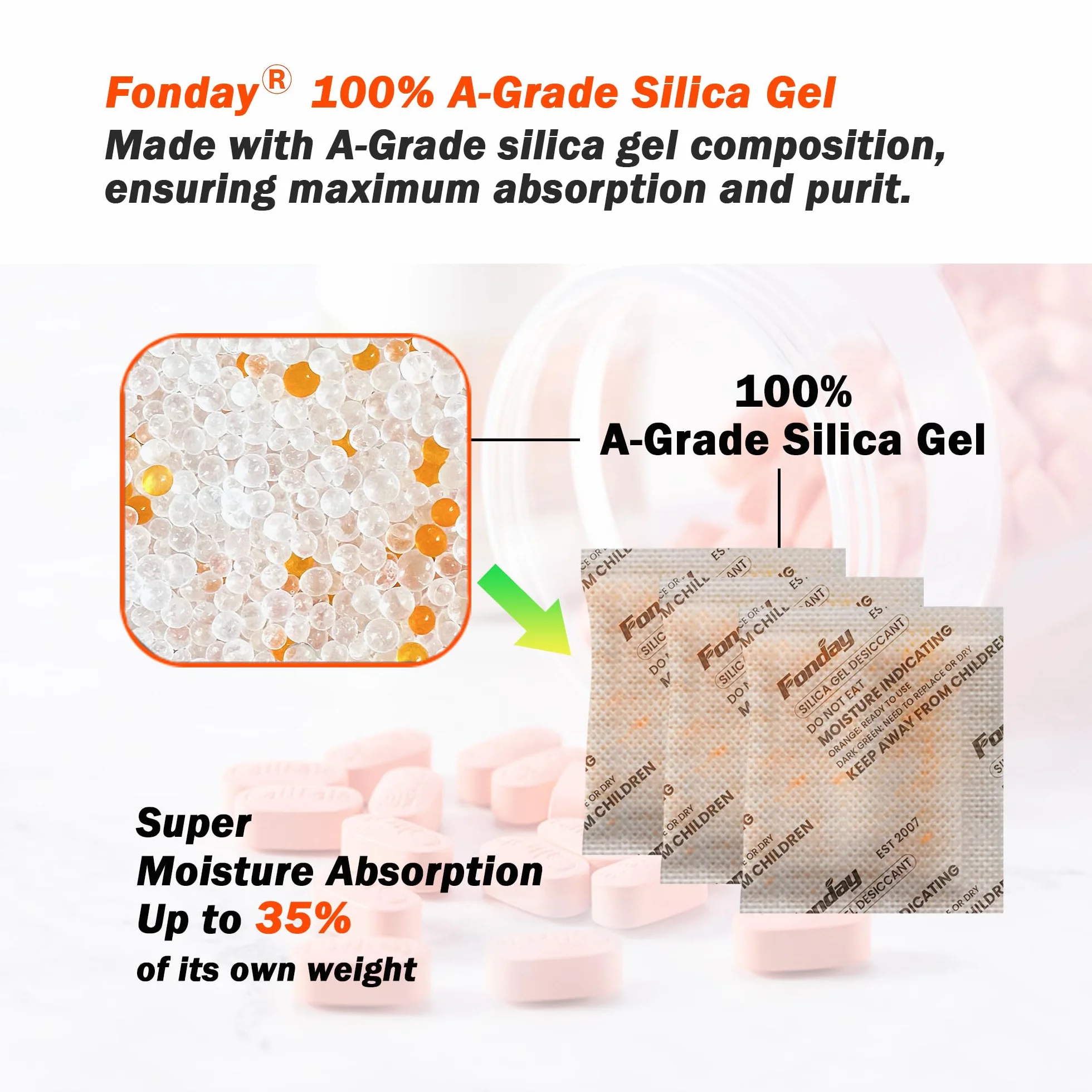 Fonday Bolsas Desecantes de Gel de Sílice Grado Alimenticio 10 Paquetes Recargables Indicador de Humedad Naranja a Verde