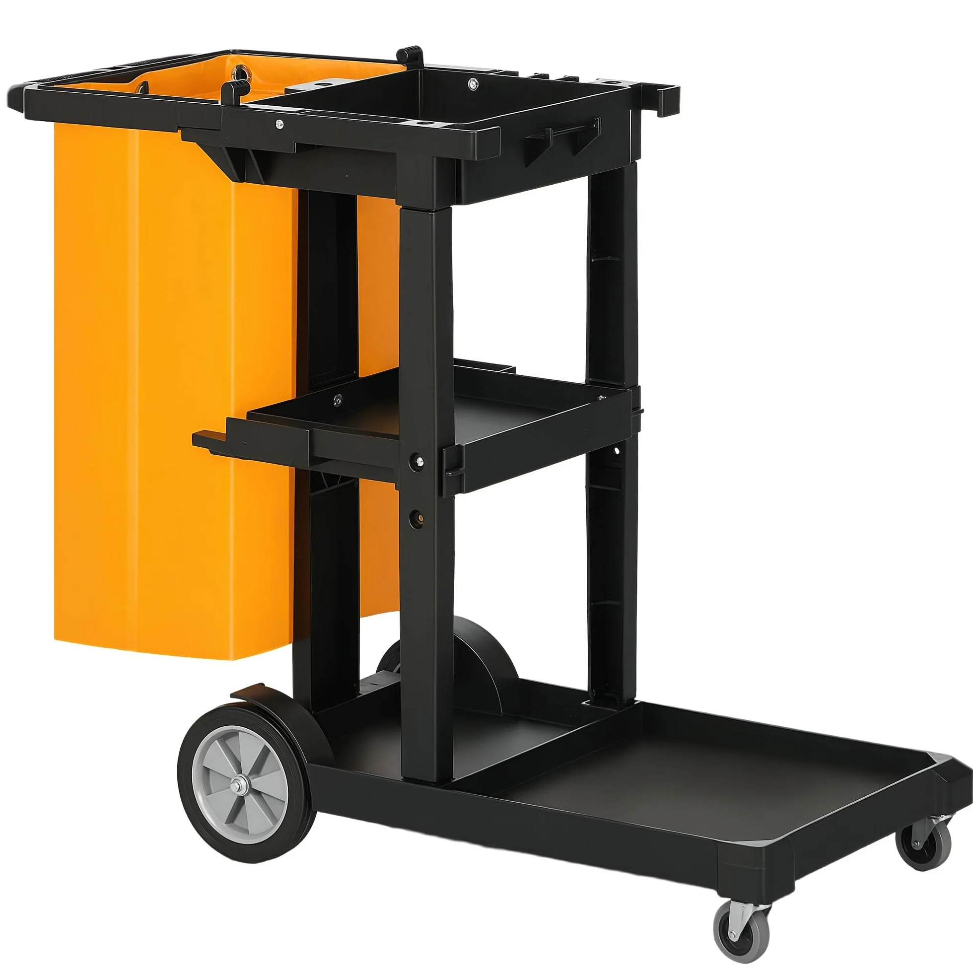 HOMCOM Carro de Limpieza con Bolsa 100L Profesional y Multifuncional para Colectividades Hotel Hostal con 3 Bandejas y 1 Plataforma 121x50,5x96,5 cm Negro y Amarillo
