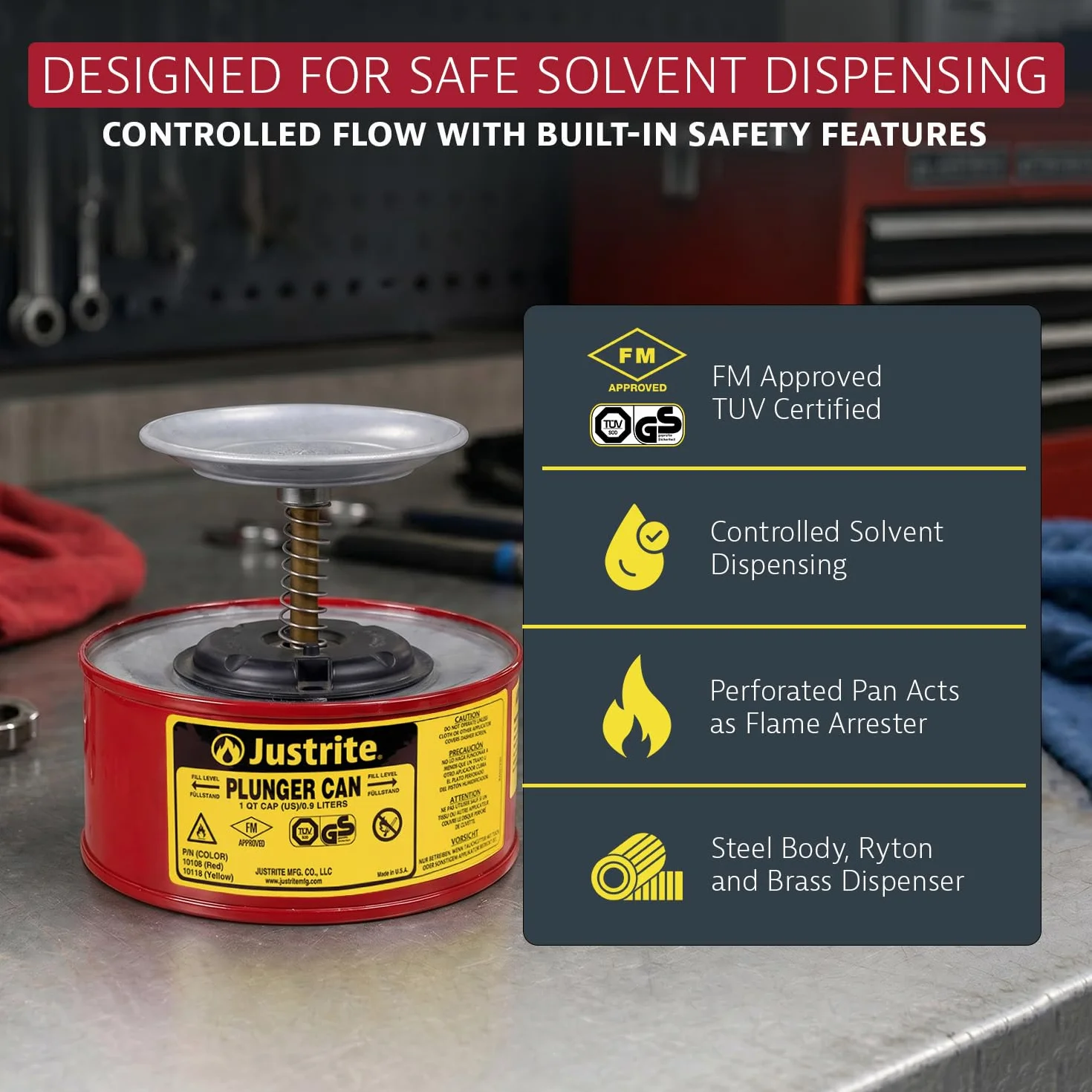 JustRite 10108 émbolo de acero de seguridad para abrir latas, con montaje de bomba Ryton, Capacidad de 1 L, 7 – 1/4 "OD x 5 – 7/8" de altura (18,4 x 14,7 cm), rojo