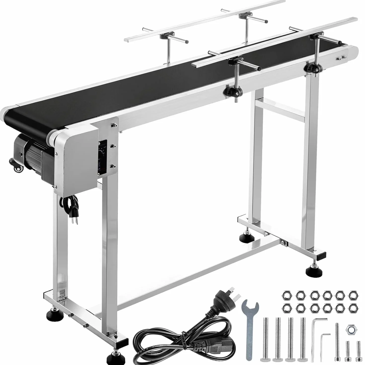 VEVOR Cinta transportadora de PVC de 59 x 15.7 pulgadas, transportador eléctrico de PVC de 110 V de velocidad automática ajustable, máquina transportadora con doble barandilla, en acero inoxidable,