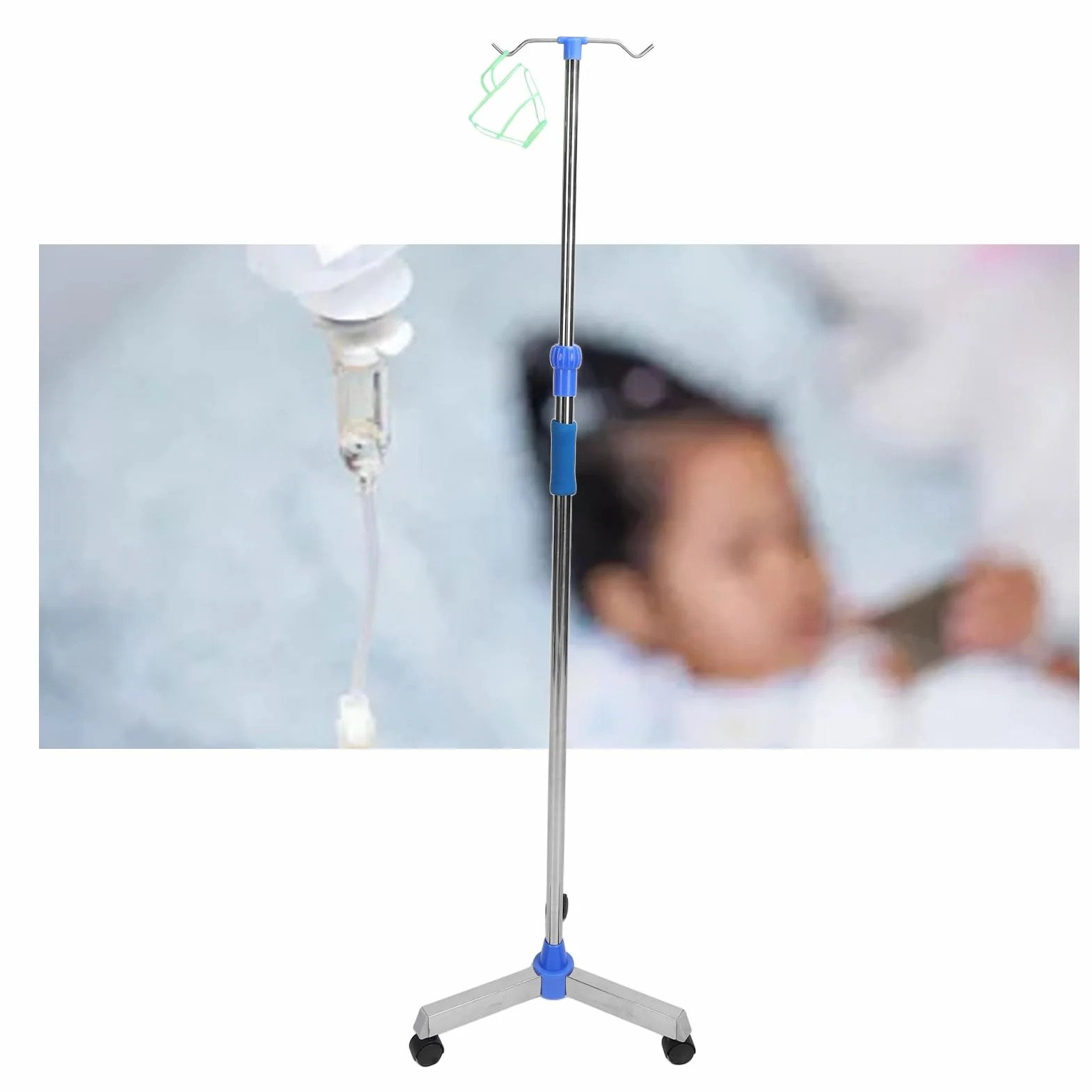 Portasueros, Soporte para Suero de Acero Inoxidable con Ajustable, Base Triangular con Ruedas, Varilla Gruesa, 2 Ganchos, Soporte para Bolsa Intravenosa para el Hogar, Clínica,