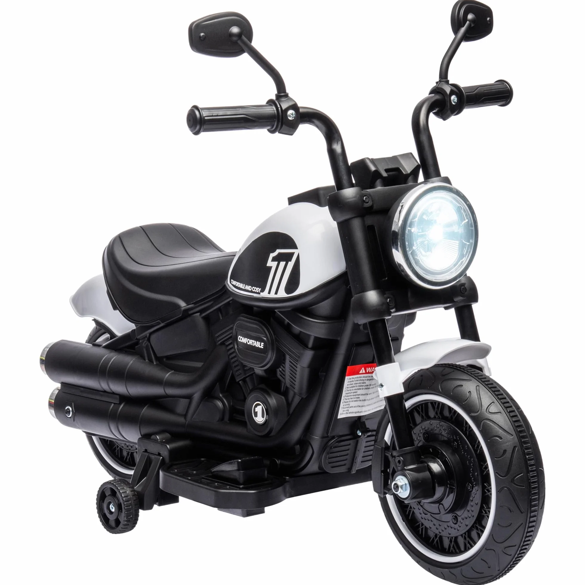 HOMCOM Moto Eléctrica para Niños 18-36 Meses, Batería 6V, Faro, Ruedas Auxiliares, Carga 25 kg, Blanco