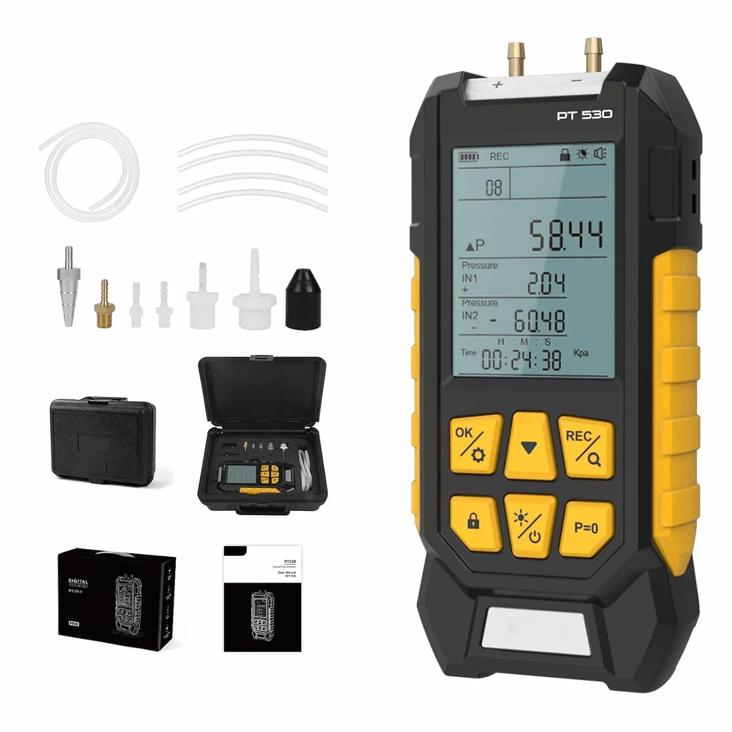 Manómetro de presión de gas PT530 de -100 a 300 KPa, medidor de presión de campo digital, HVAC, 10 unidades, 7 adaptadores, bloqueo y almacenamiento de datos, parte trasera magnética