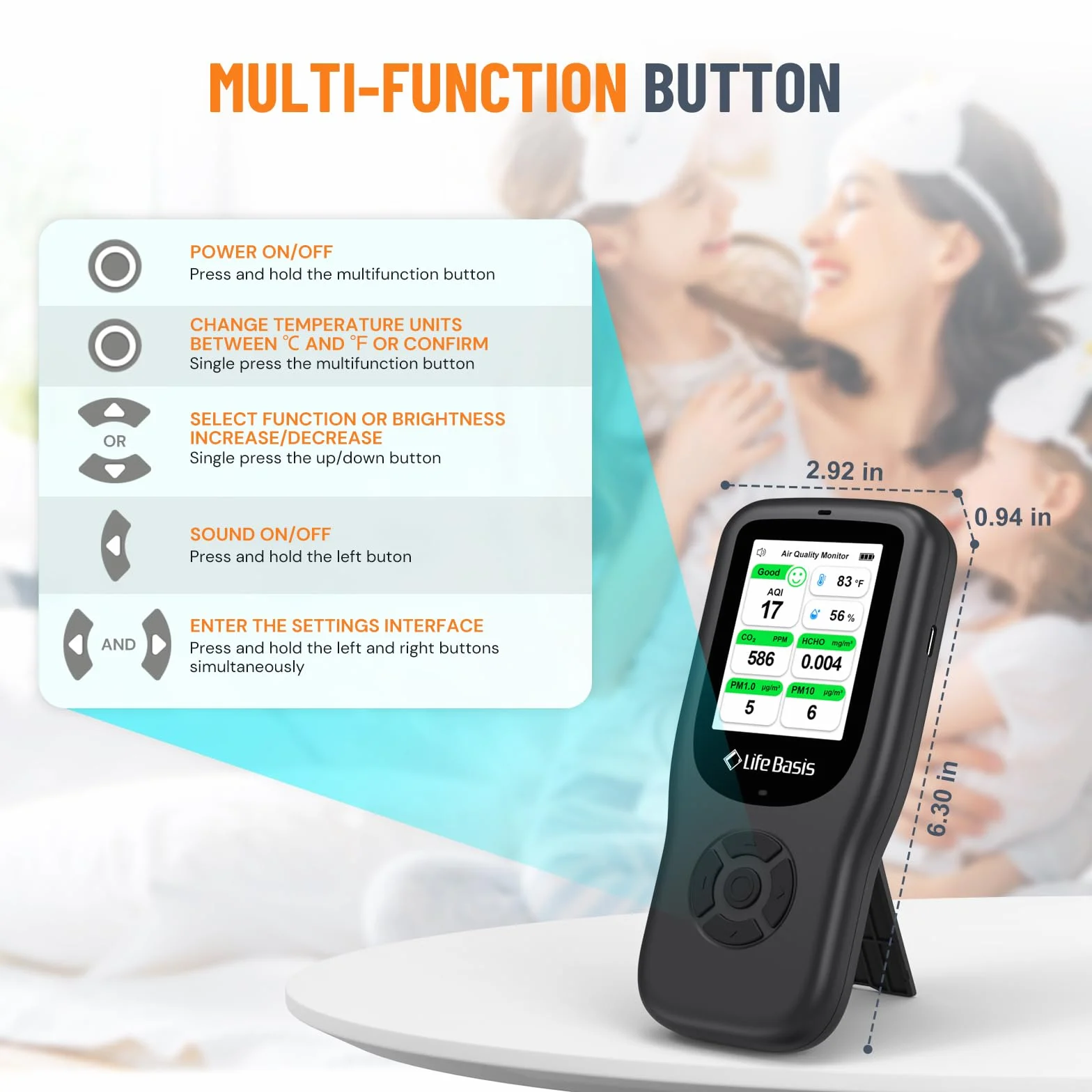 LifeBasis Medidor Calidad Aire 10 en 1 Detector de Gas Recargable con Soporte Medidor CO2,AQI, PM1.0, PM2.5, PM10, TVOC, HCHO, Partículas, Temperatura y Humedad para Hogar Oficina Escuela