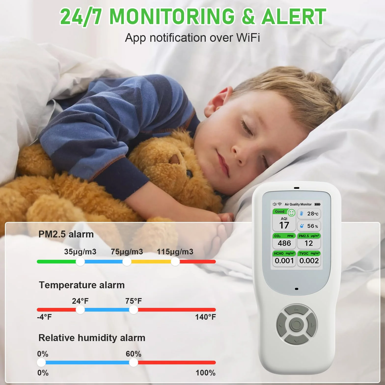 Detector de Calidad del Aire 10 en 1, Monitor de Calidad del Aire WiFi NDIR con AQI/CO2/PM1.0/PM2.5/PM10/HCHO/TVOC, Temperatura y Humedad, Detector de Formaldehído Portátil con APP Inteligente para