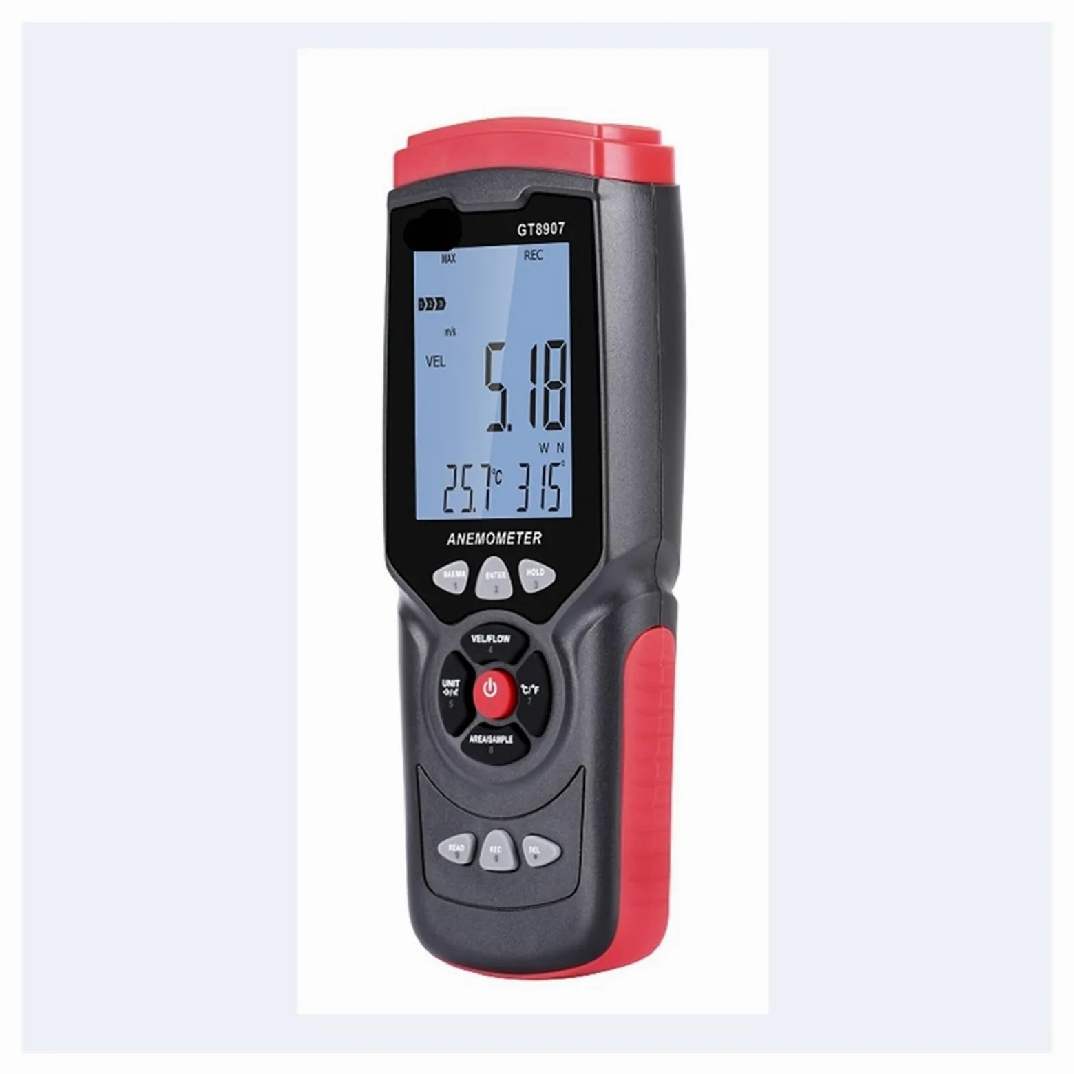 Anemómetro digital GT8907 Medidor de velocidad del viento for actual Temperatura Humedad Volumen aire Flujo Dirección Ángulo Datos