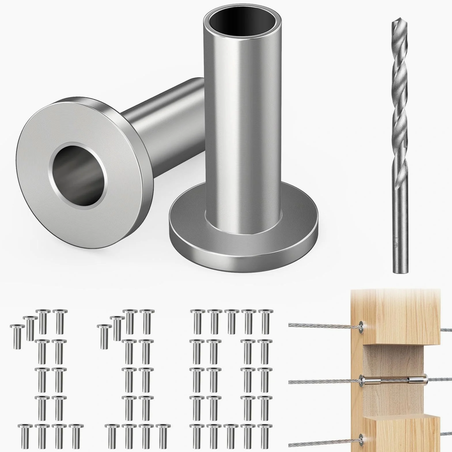 Steel DN Mate Paquete de 110 fundas protectoras de acero inoxidable T316 para barandilla de cable de 1/8, 5/32 o 3/16 pulgadas, fundas protectoras de cable para sistema de barandilla de cable,