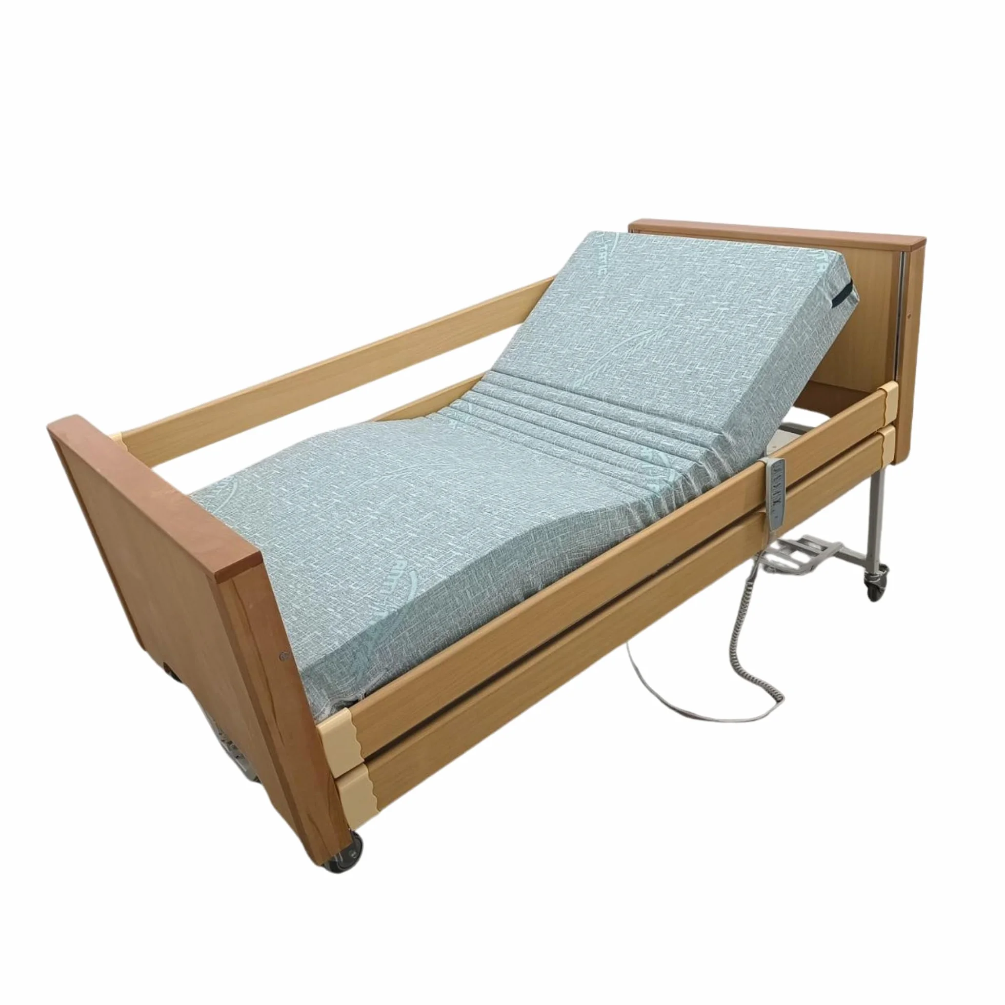 Cama de hospital eléctrica con 5 funciones, de roble y acero, 4 motores, 5 funciones con laterales – Incluye colchón ortopédico, movimiento Trendelenburg/Anti-Trendelenburg – Degencia y ancianos, DM
