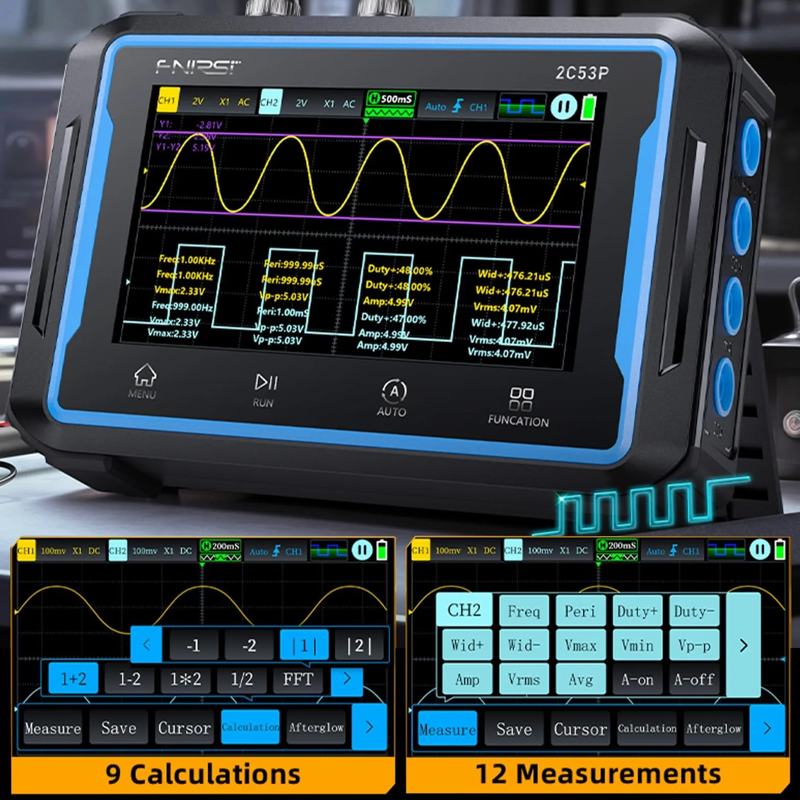 Jadeshay Osciloscopio Digital 2C53P 3 en 1 Osciloscopio Portátil de Tableta con Multímetro y Generador de Señales Doble Canal 50MHz 250MSa/s Pantalla Táctil IPS 4,3 Pulgadas