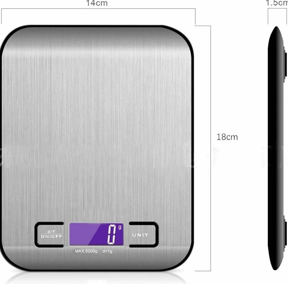 Escalas de pesaje de cocina digital, escalas de cocción de acero inoxidable electrónicas delgadas para hornear hogar/cocina, escalas de pesaje de 5 kg, pantalla LCD, fácil limpia