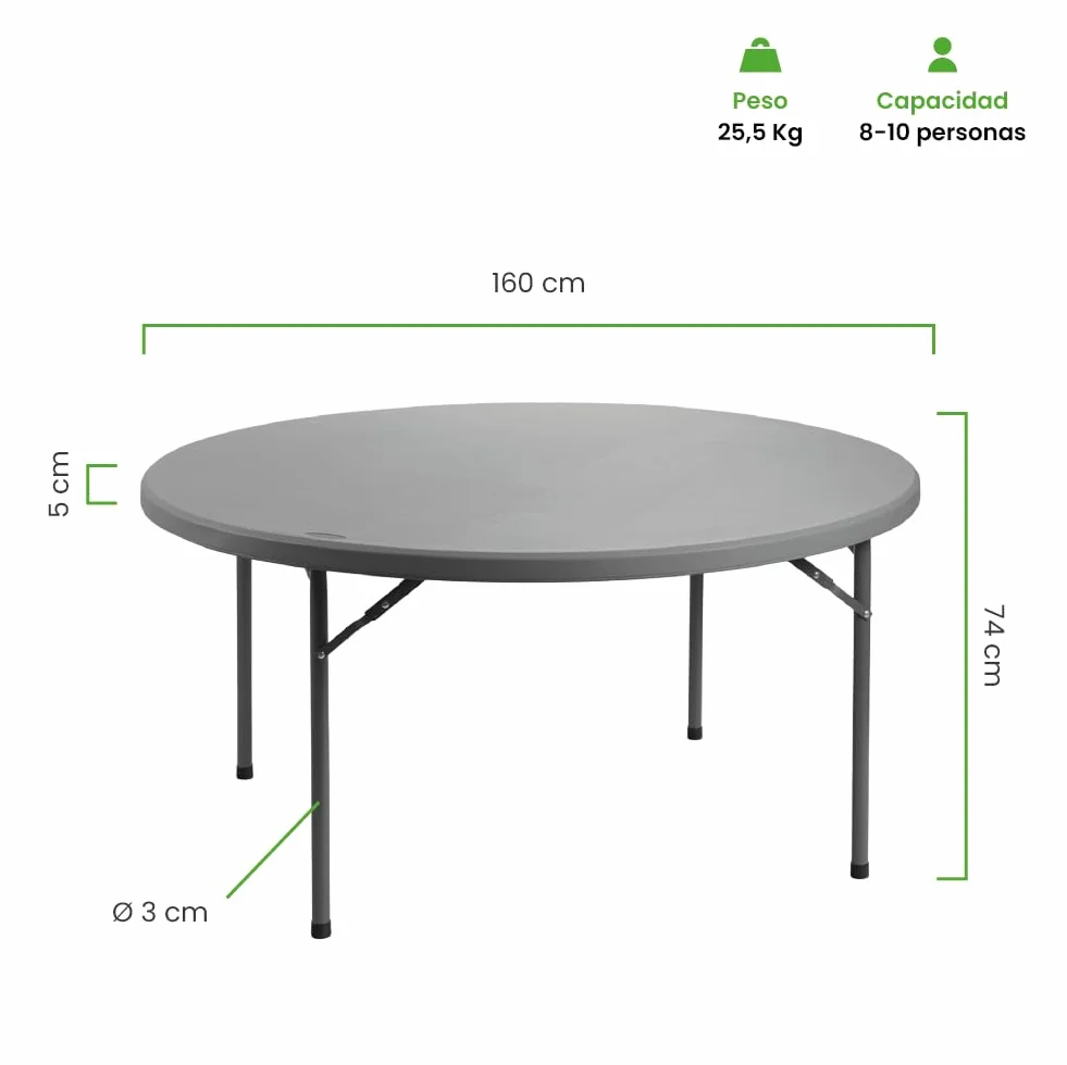 Mesa Redonda Grande de 160 x 160cm con Patas Plegables de Exterior, Jardín, Catering y Hostelería. Auxiliar para Comedor y Camping, de 8 Personas, Fácil de Transportar, Portátil y de PVC