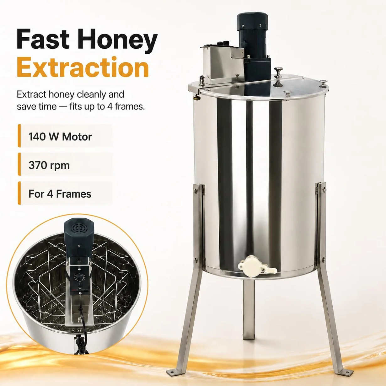 Extractor de miel eléctrico de 140 W, extractor de miel de acero inoxidable, 4 marcos, extractor de miel con tapa acrílica, centrifugadora tangencial eléctrica para la industria de la miel