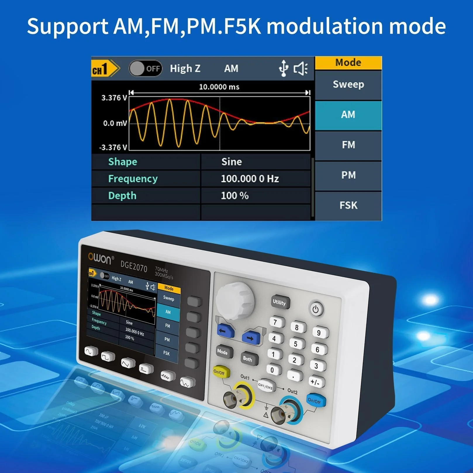 OWON DGE2070 generador portátil de forma de onda arbitraria, pantalla LCD de 3,6 pulgadas, canales duales, salida de frecuencia de 70 MHz, frecuencia de muestreo máxima de 300 MSa/s con generador