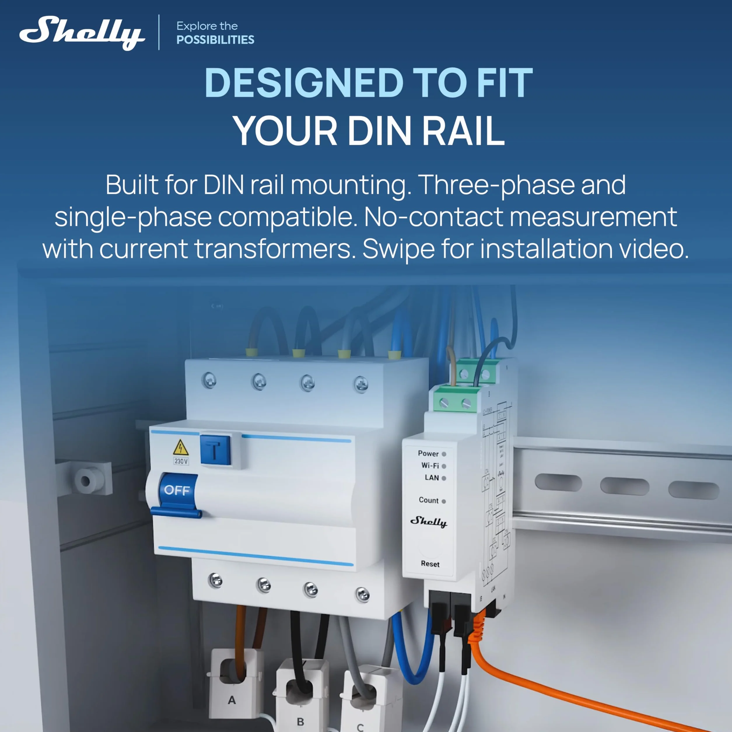 Shelly Pro 3EM 120A V2 – Medidor de Consumo Trifásico en Carril DIN 100-260 V, Matter, Wi-Fi, LAN y Bluetooth, Sin Hub Requerido, 3 CTA x120A, Medición Fotovoltaica Bidireccional, Historial 60 Días