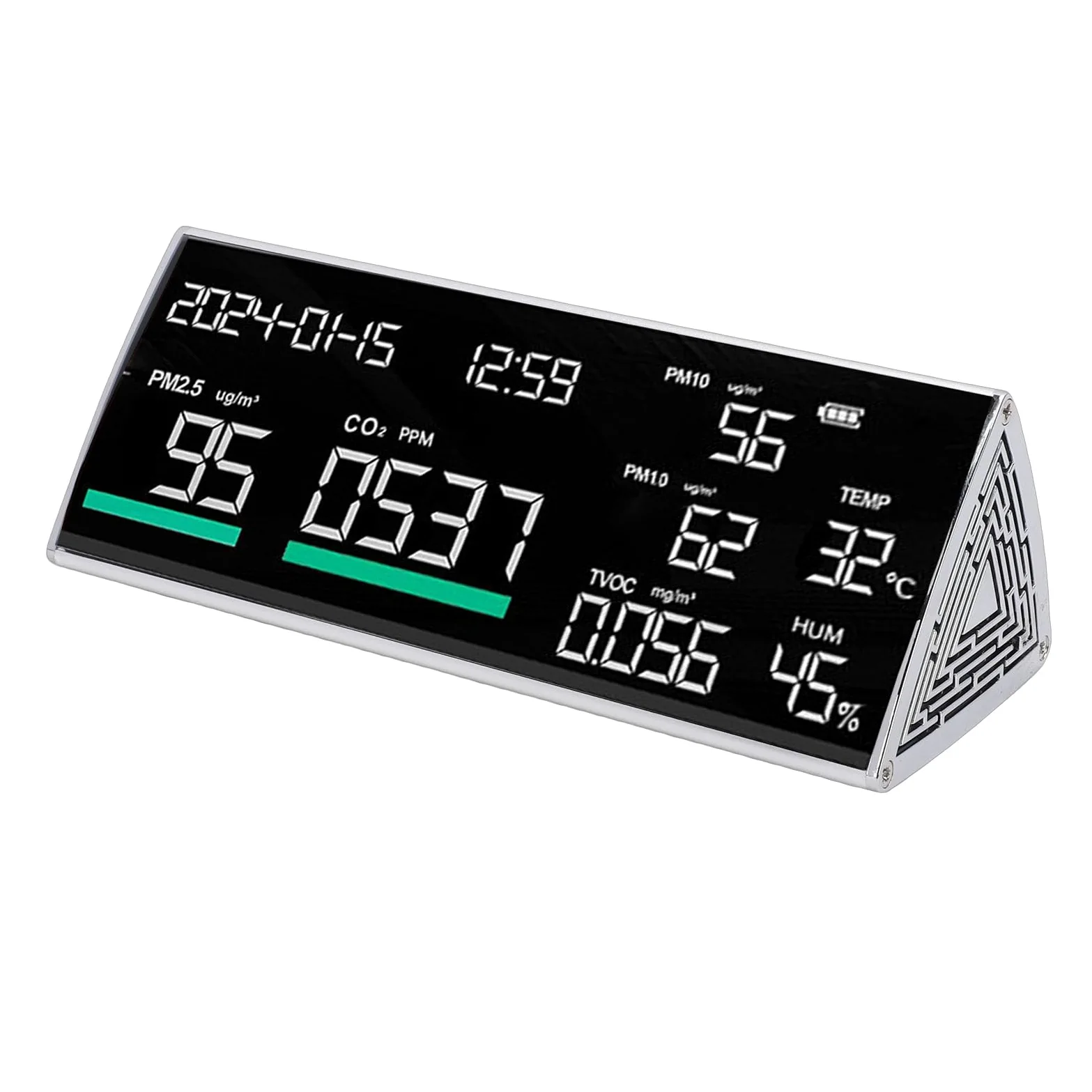 Fockety Monitor de calidad del aire, 9 en 1, de escritorio, con medidor de calidad del aire, PM2.5, PM1.0, PM10, temperatura, humedad, CO2, TVOC, hora y fecha, para casa y hotel