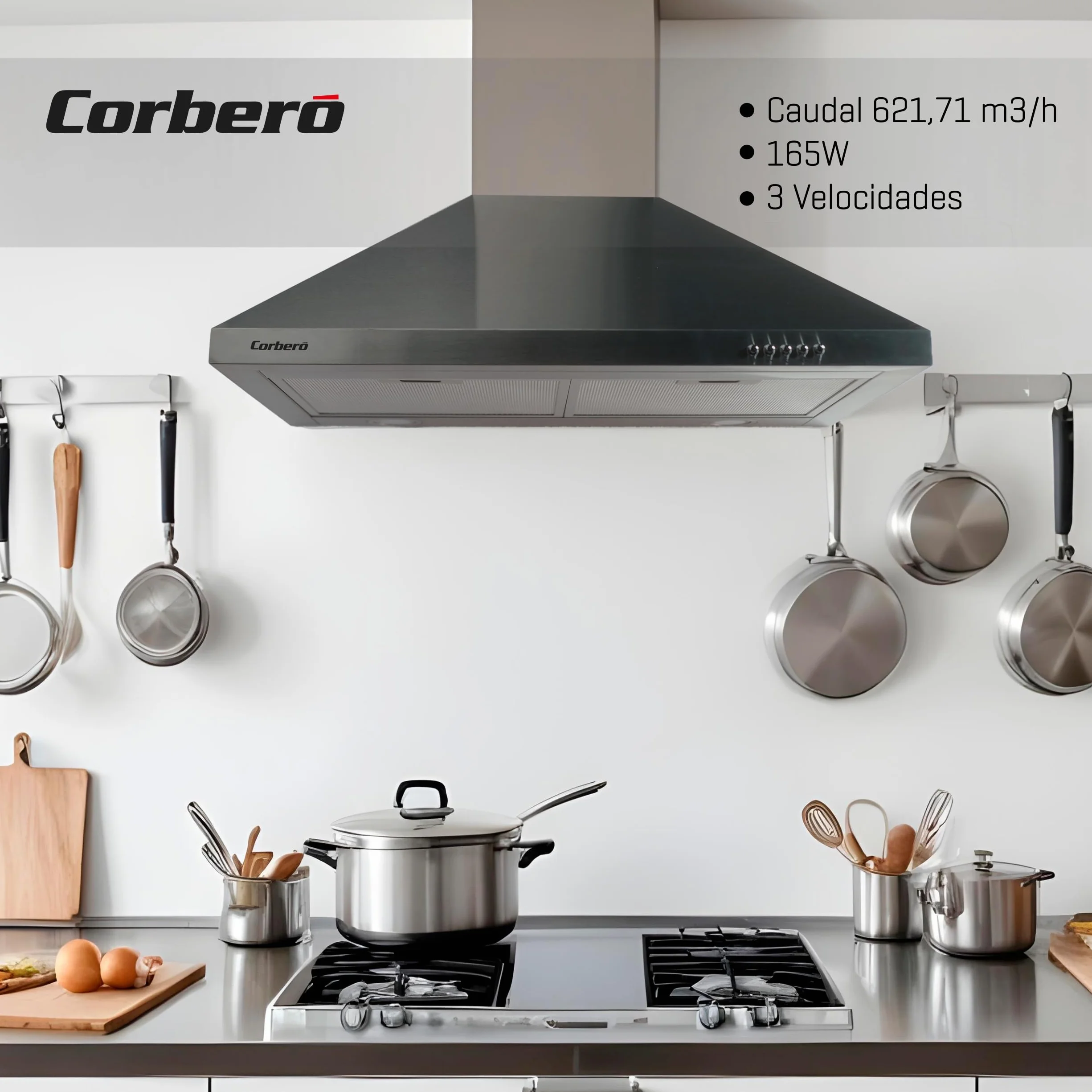 Corberó Campana Extractora Pirámide 70 cm 621,71 m3/h 168W 3 Velocidades Luz LED Inox