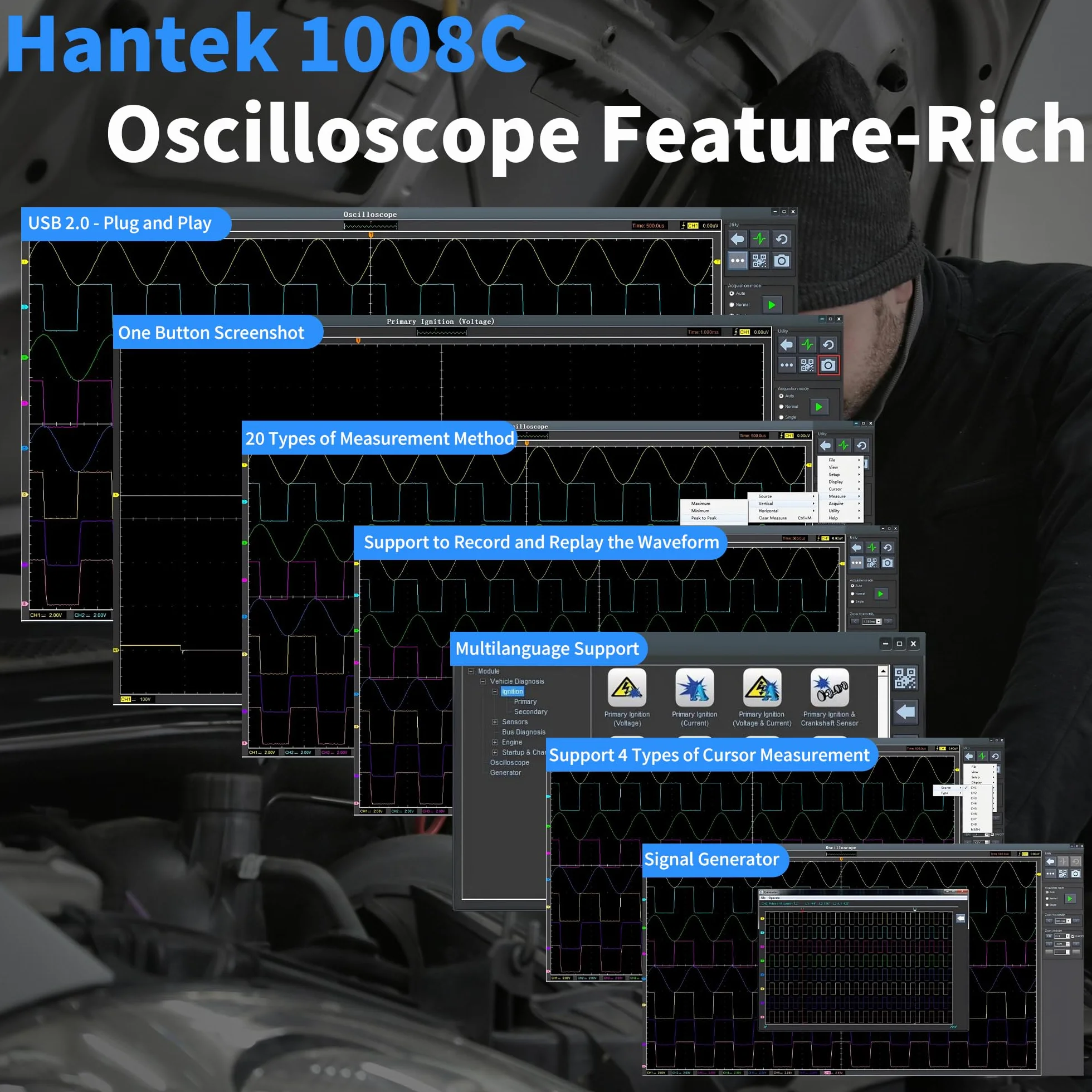 Hantek 1008C+HT201+HT30A+HT307 PC USB 8CH Diagnóstico Automotriz Osciloscopio Digital/DAQ/Generador Programable