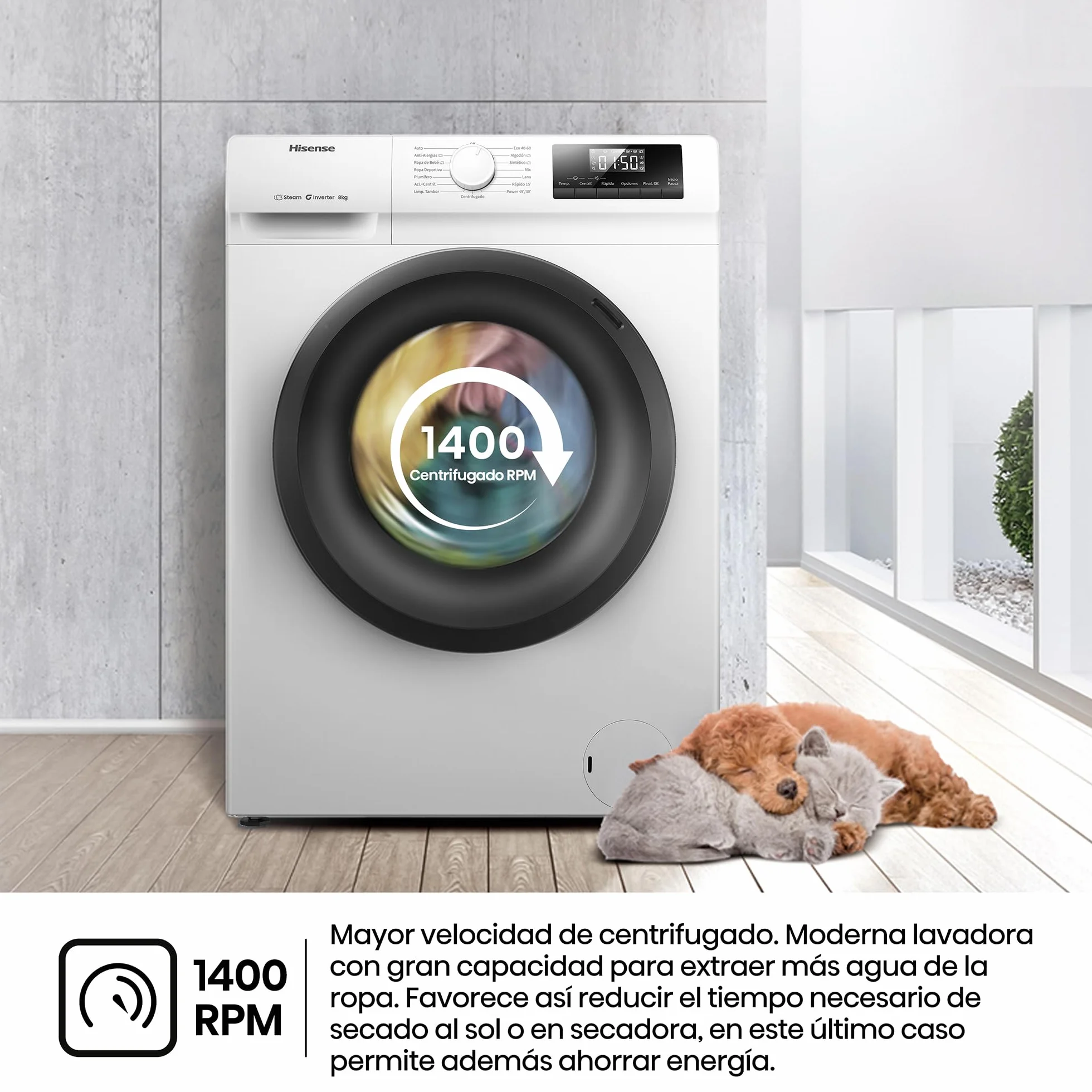 Hisense Lavadora 8 Kg 1400 rpm Clase A 85x60 cm Blanco Vapor 99,9% Inverter