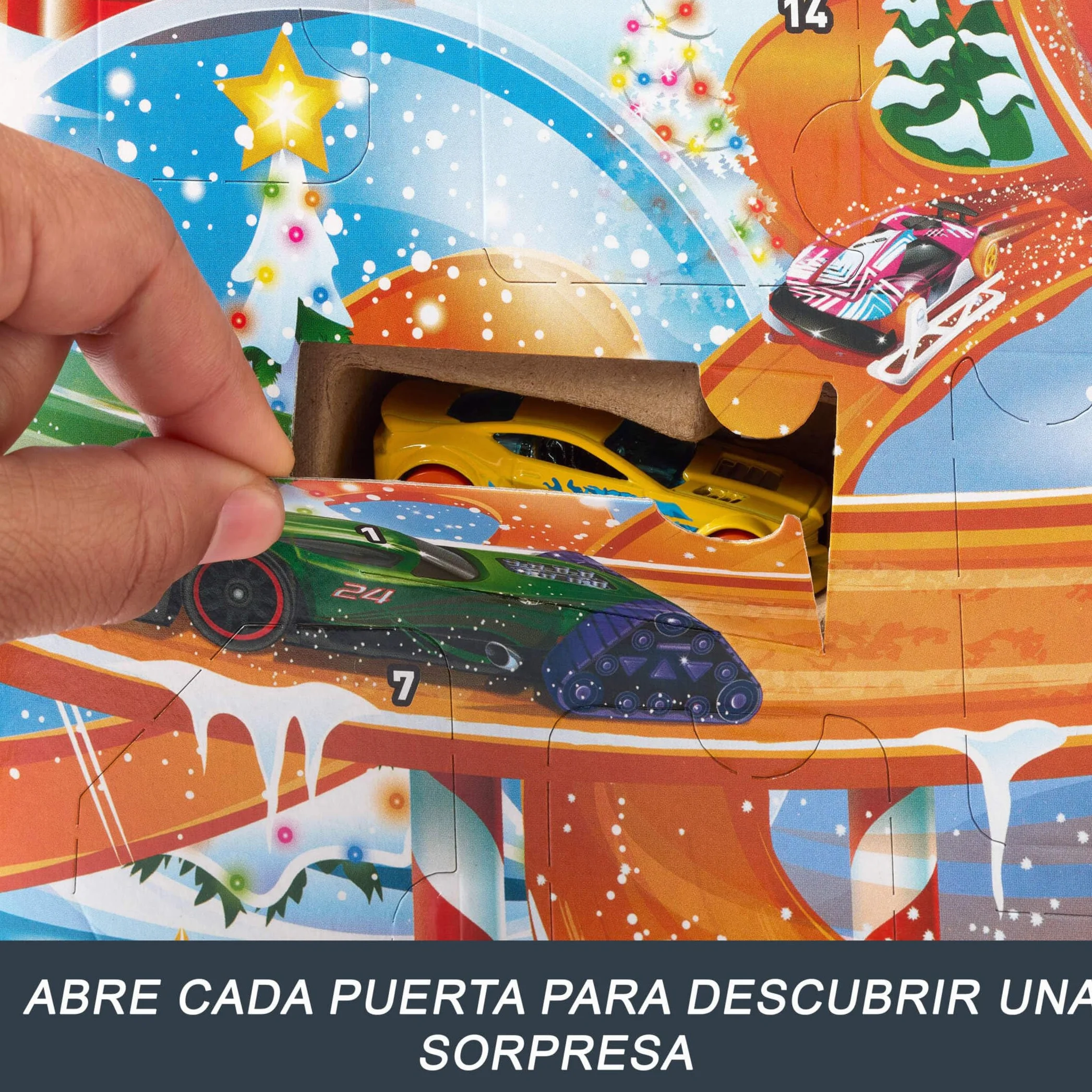 Hot Wheels Calendario de Adviento 2024, 8 coches de juguete con 16 accesorios sorpresa, alfombra de juego, regalo niños +3 años HTG00