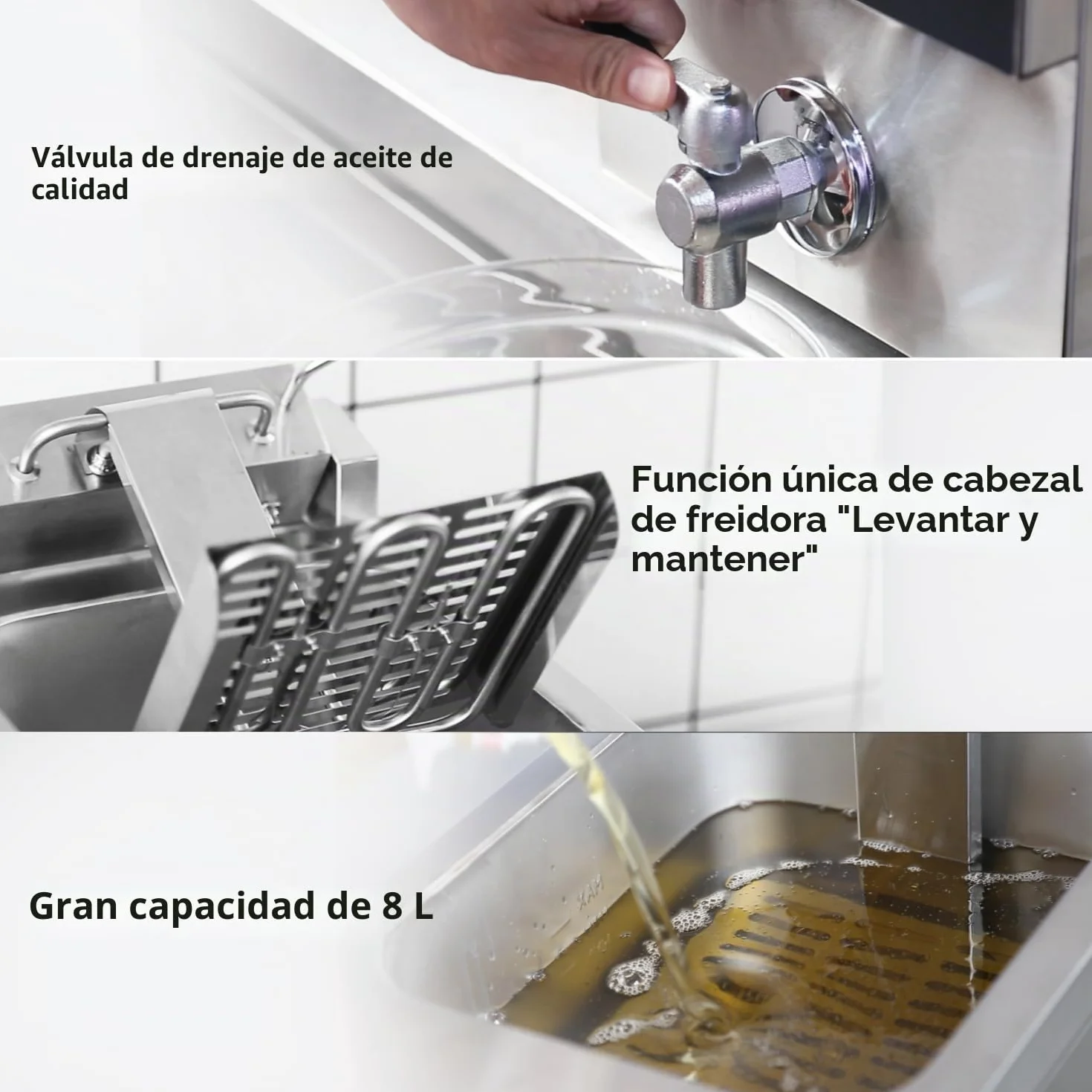 CROSSON Freidora Eléctrica Comercial 8L,3250W Freidora Aceite Profesional de Acero Inoxidable con Sistema de Desagüe, Temperatura Ajustable,para Aros de Cebolla Pollo Papas Fritas