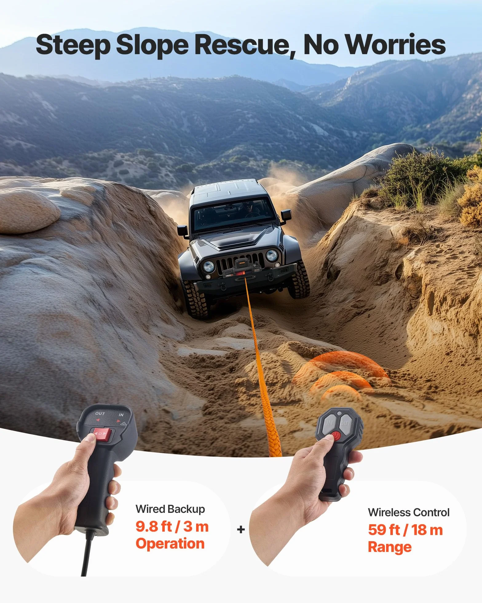 VEVOR Cabrestante Eléctrico de 12 V CC, 6100 kg, con Cuerda Sintética de Φ 9,5 mm x 28 m, Control Remoto Inalámbrico y con Cable, Resistente al Agua, para Remolcar SUV, Jeep, Remolques, Barcos