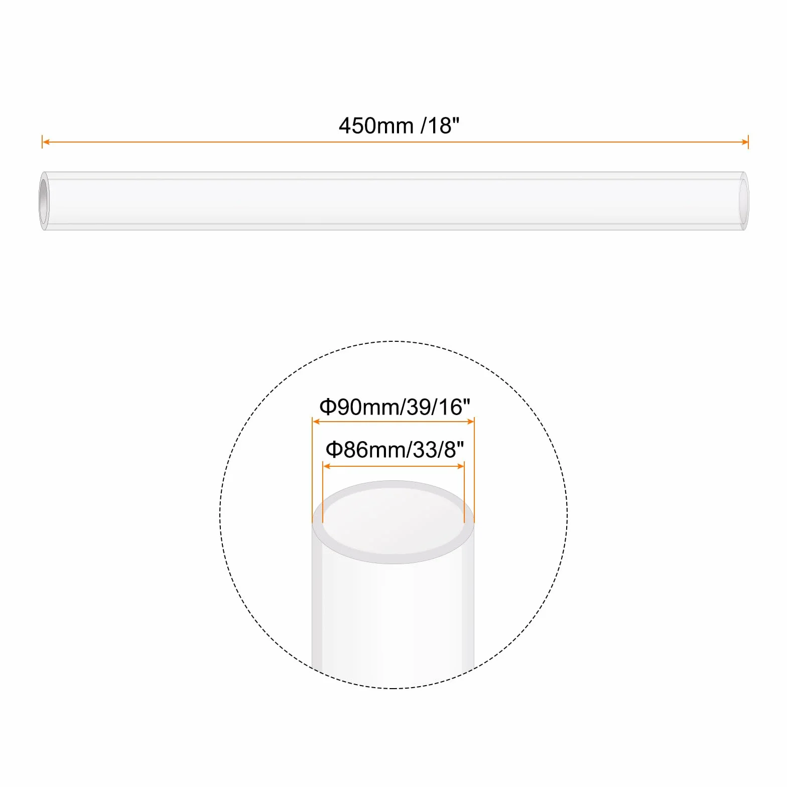Tubo rígido de plástico transparente 45,7 cm 86 x 90 mm acrílico redondo policarbonato