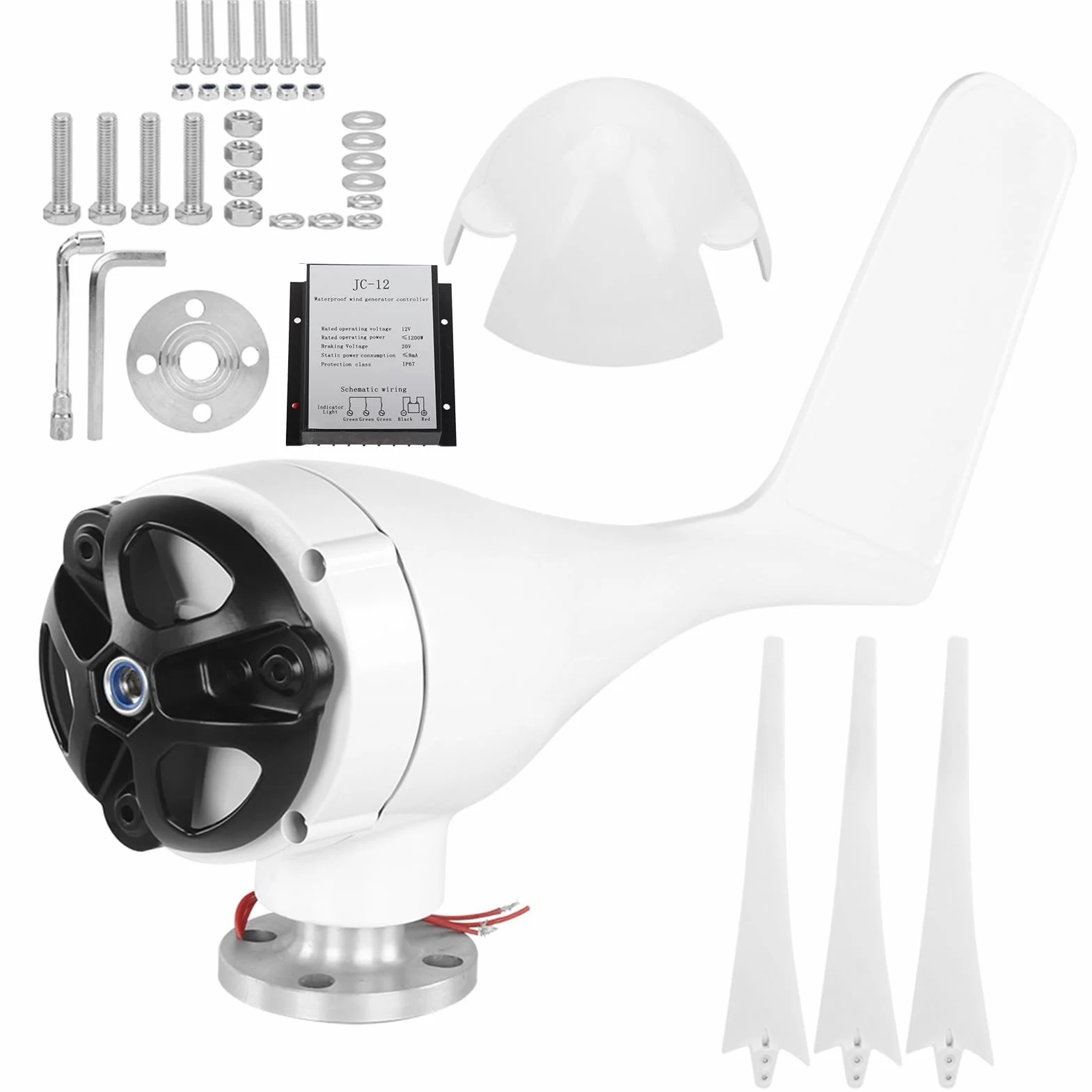Generador de Turbina de Viento 1200W, Kit de Generador de Molino de Viento con 3 Palas Y controlador de Viento Para Carga Marina (White 12V)