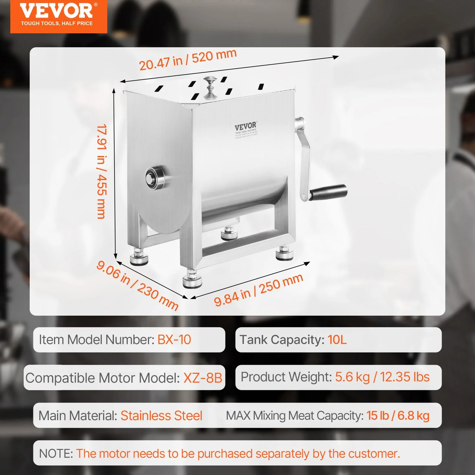 VEVOR Mezcladora de Carne Manual Tanque de 10 L, Equipo de Procesamiento de Carne, Capacidad Máxima de Mezcla de 6,8 kg, Mezcladora de Salchichas de Acero Inoxidable con Tapa, Caja de Engranajes