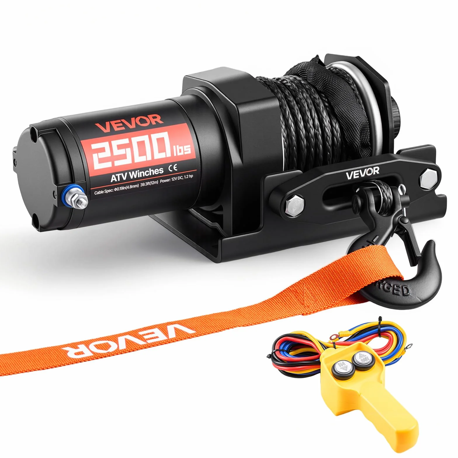 VEVOR Cabrestante Eléctrico 12V 1134 kg para ATV con Cuerda Sintética de 4,8 mm x 12 m, Motor 0,9 kW, Control Remoto con Cable, Soporte de Montaje, Guía de Cable y Gancho para Todoterreno Exteriores