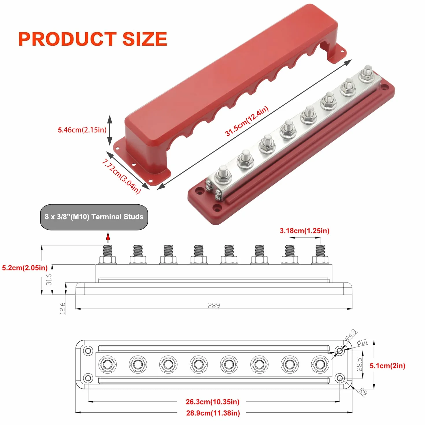 Bus Bar Barra colectora de 600A bloque de distribución de energía de cobre de 300V CA/ 48V CC con terminales de cableado de pernos de 8x M10 Busbar 600 Amp para Auto/Marinos/Solares, rojo